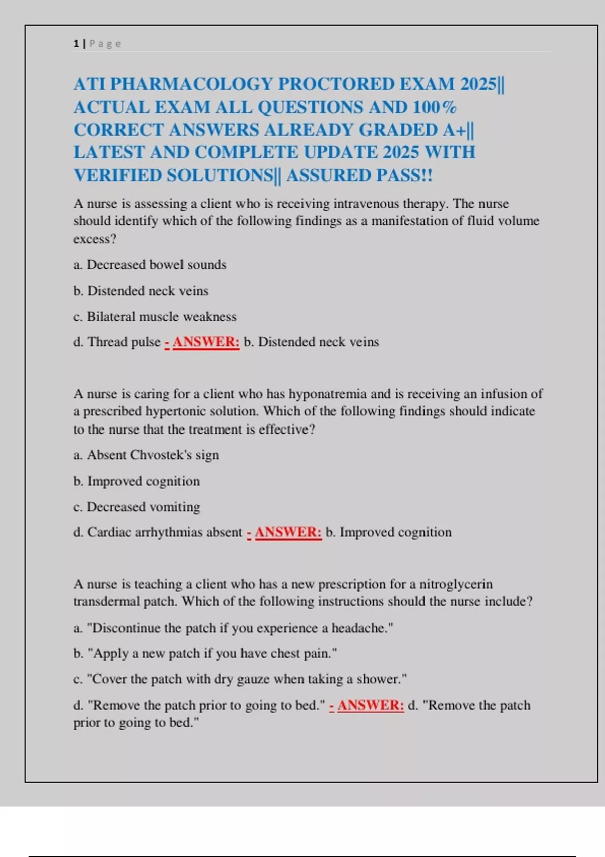 ATI PHARMACOLOGY PROCTORED EXAM 2025|| ACTUAL EXAM ALL QUESTIONS AND ...