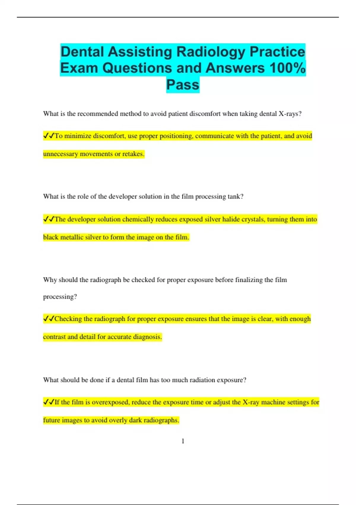 Dental Assisting Radiology Practice Exam Questions and Answers 100% ...