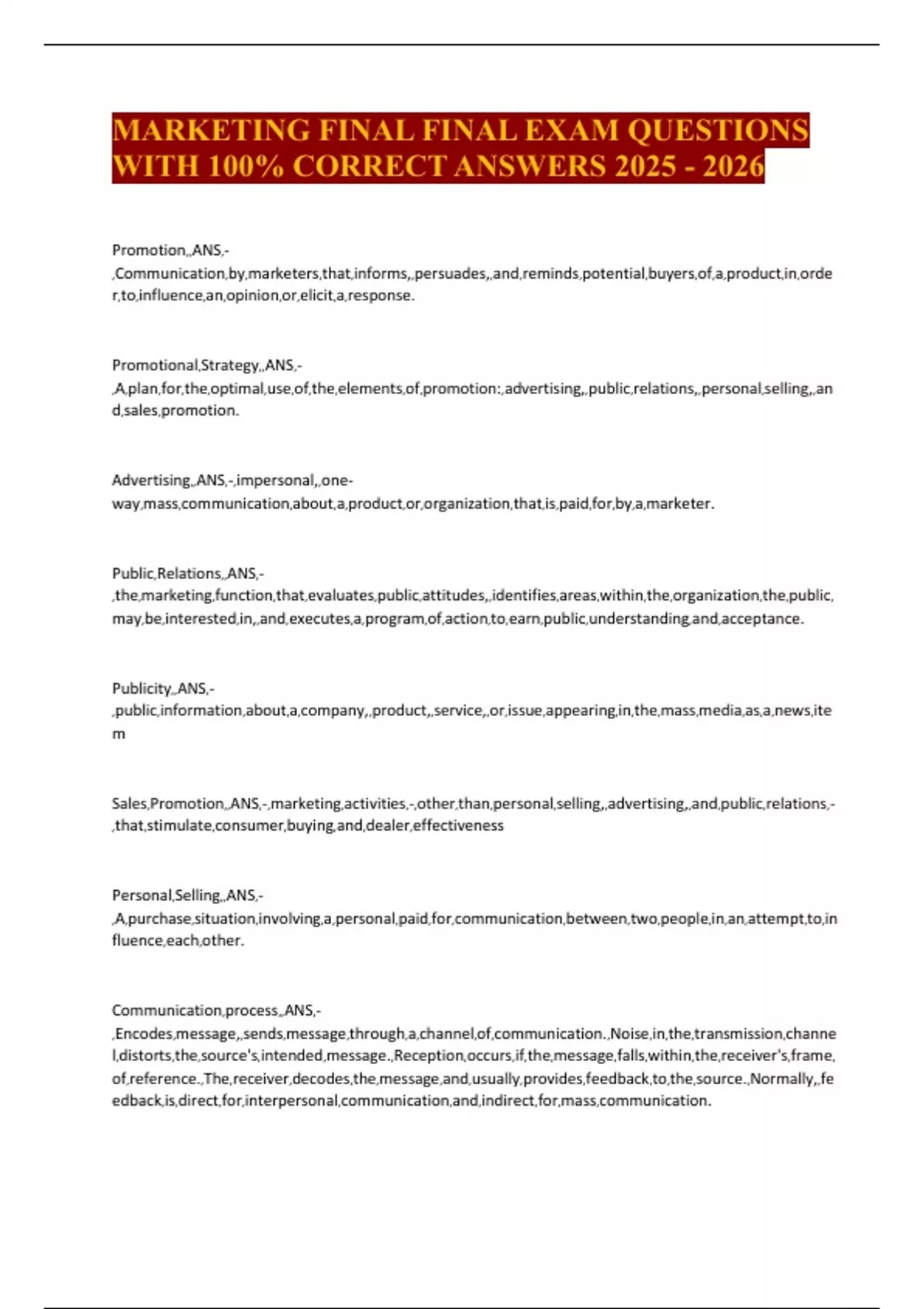 MARKETING FINAL FINAL EXAM QUESTIONS WITH 100% CORRECT ANSWERS - AIDA ...