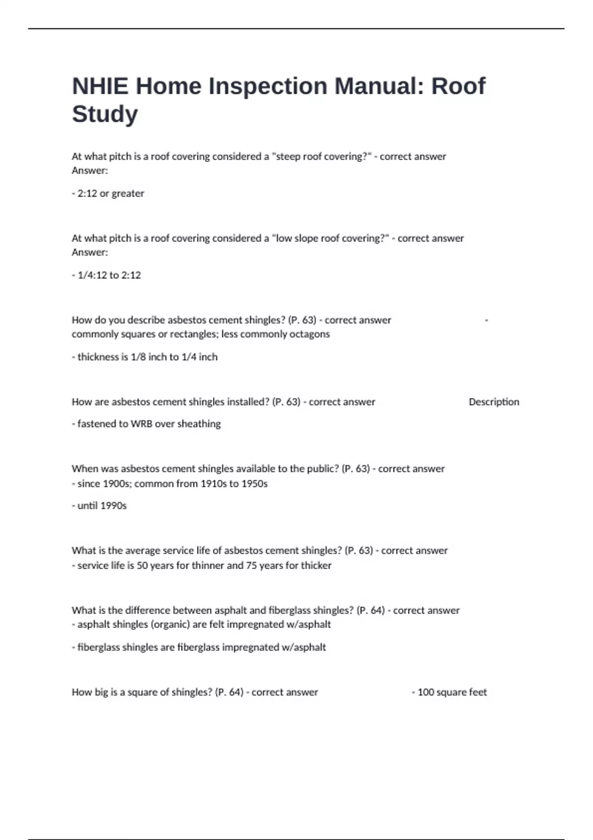 NHIE Home Inspection Manual: Roof Study Actual Exam Questions With Correct Verified Answers 100% ...