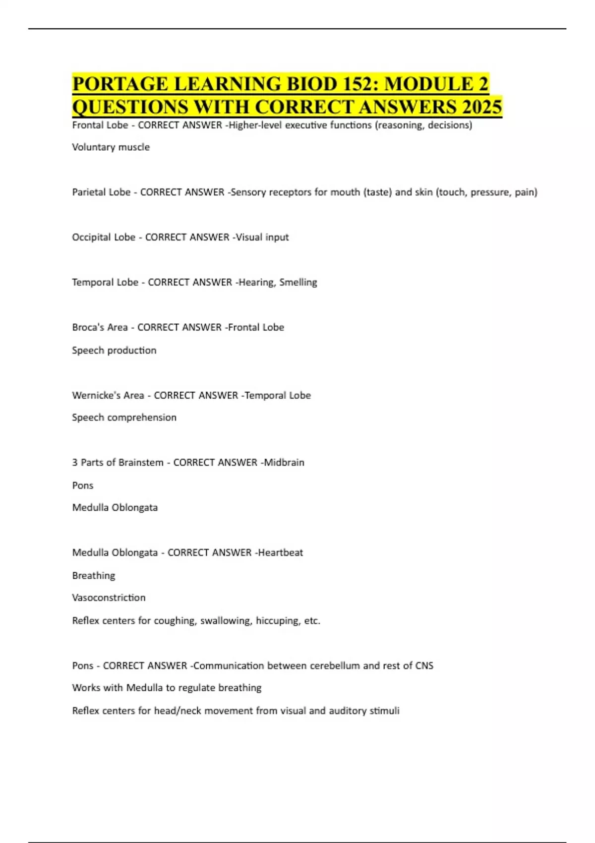 PORTAGE LEARNING BIOD 152- MODULE 2 QUESTIONS WITH CORRECT ANSWERS 2025 ...