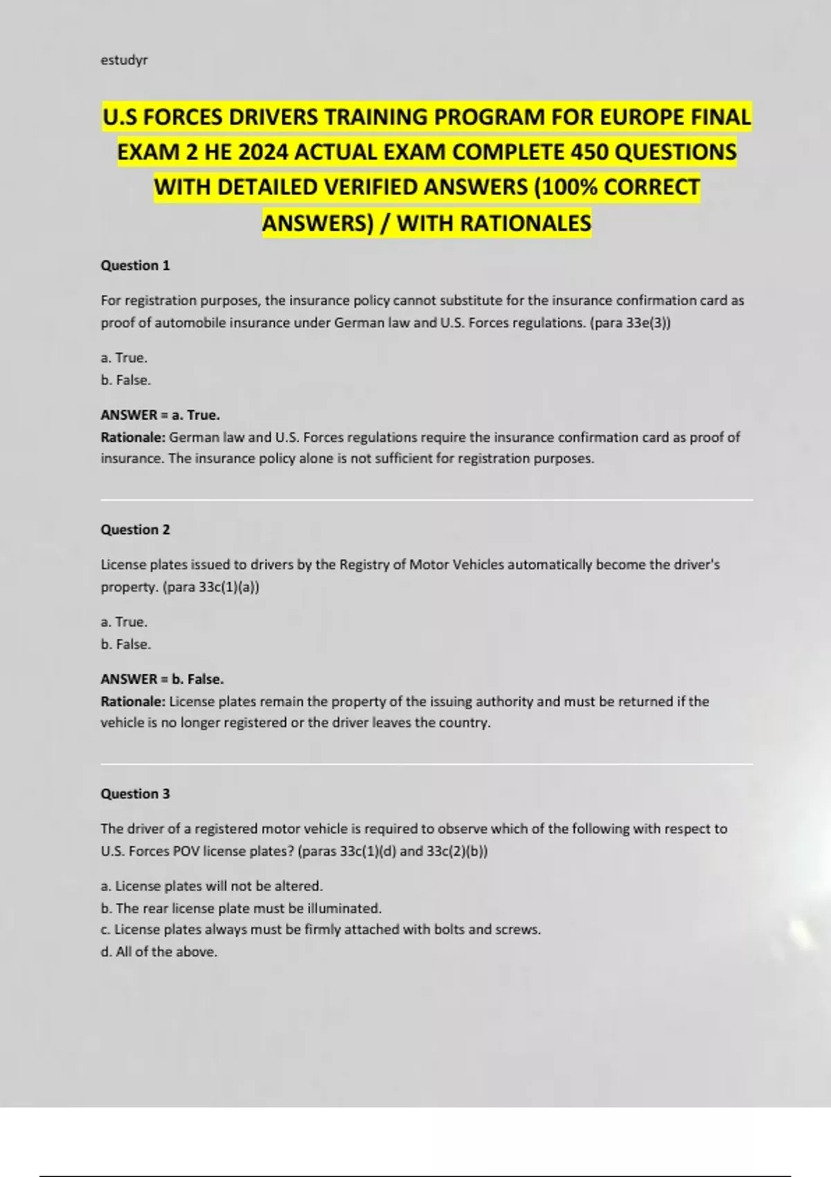 U.S FORCES DRIVERS TRAINING PROGRAM FOR EUROPE FINAL EXAM 2 HE 2024 ...