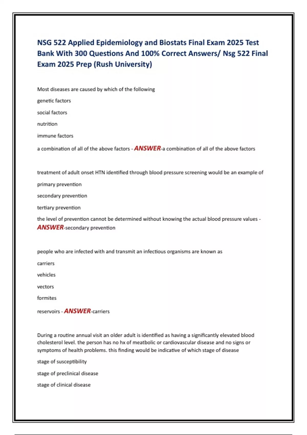NSG 522 Applied Epidemiology and Biostats Final Exam 2025 Test Bank ...