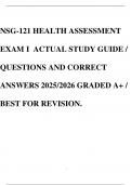 NSG-121 HEALTH ASSESSMENT EXAM I ACTUAL STUDY GUIDE &sol; QUESTIONS AND CORRECT ANSWERS 2025&sol;2026 GRADED A&plus; &sol; BEST FOR REVISION&period;