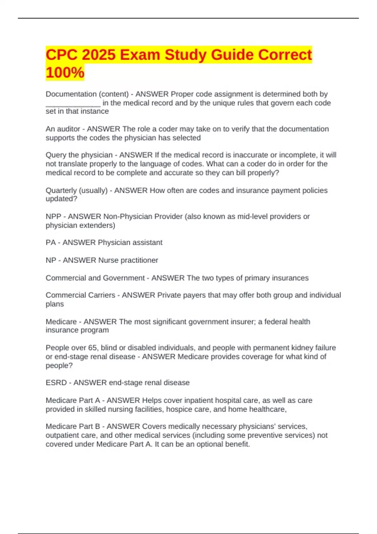 CPC 2025 Exam Study Guide Correct 100% - AAPC CPC - Stuvia US