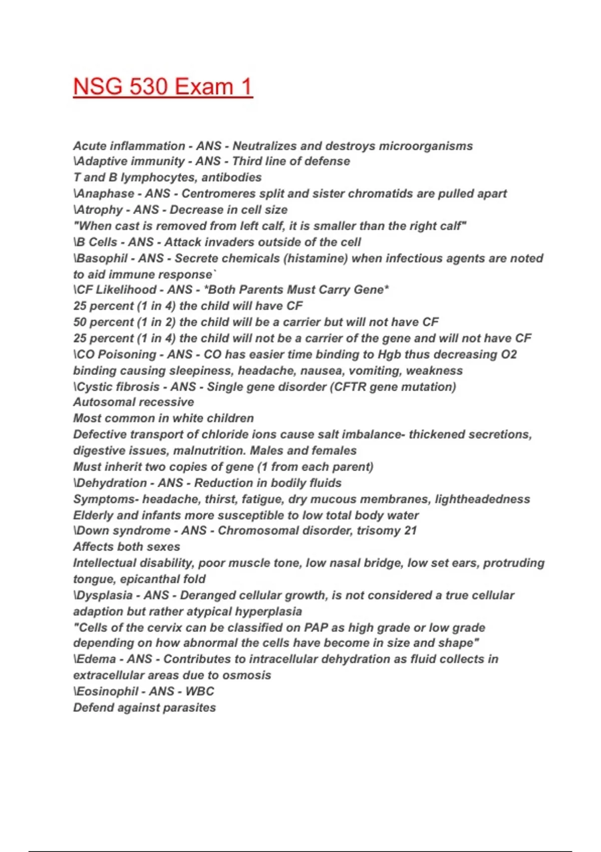 NSG530 / NSG 530 Exam 1 (Latest 2025 / 2026): Advanced Pathophysiology ...
