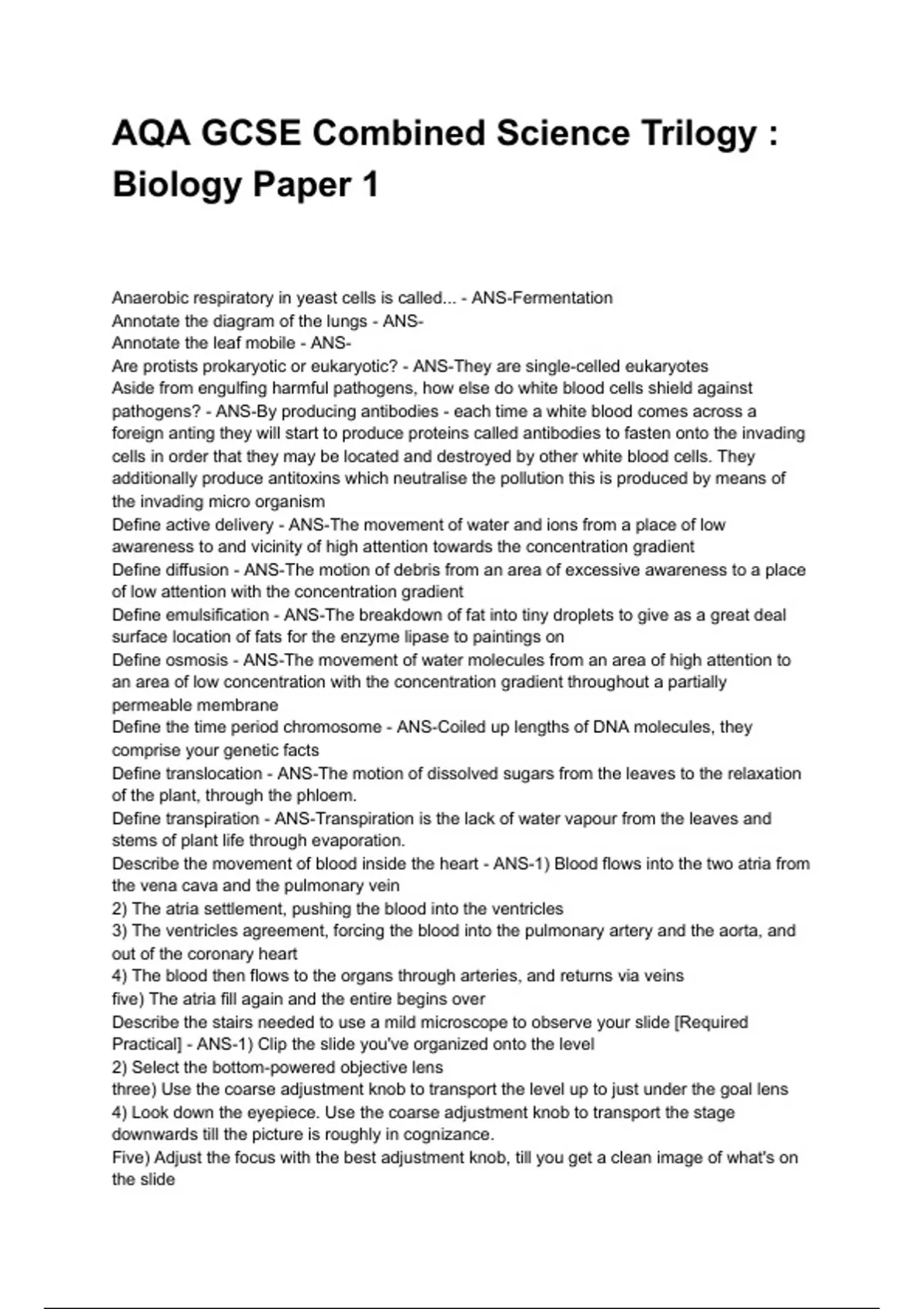 AQA GCSE Combined Science Trilogy : Biology Paper 1 NEWEST 2025/2026 ...