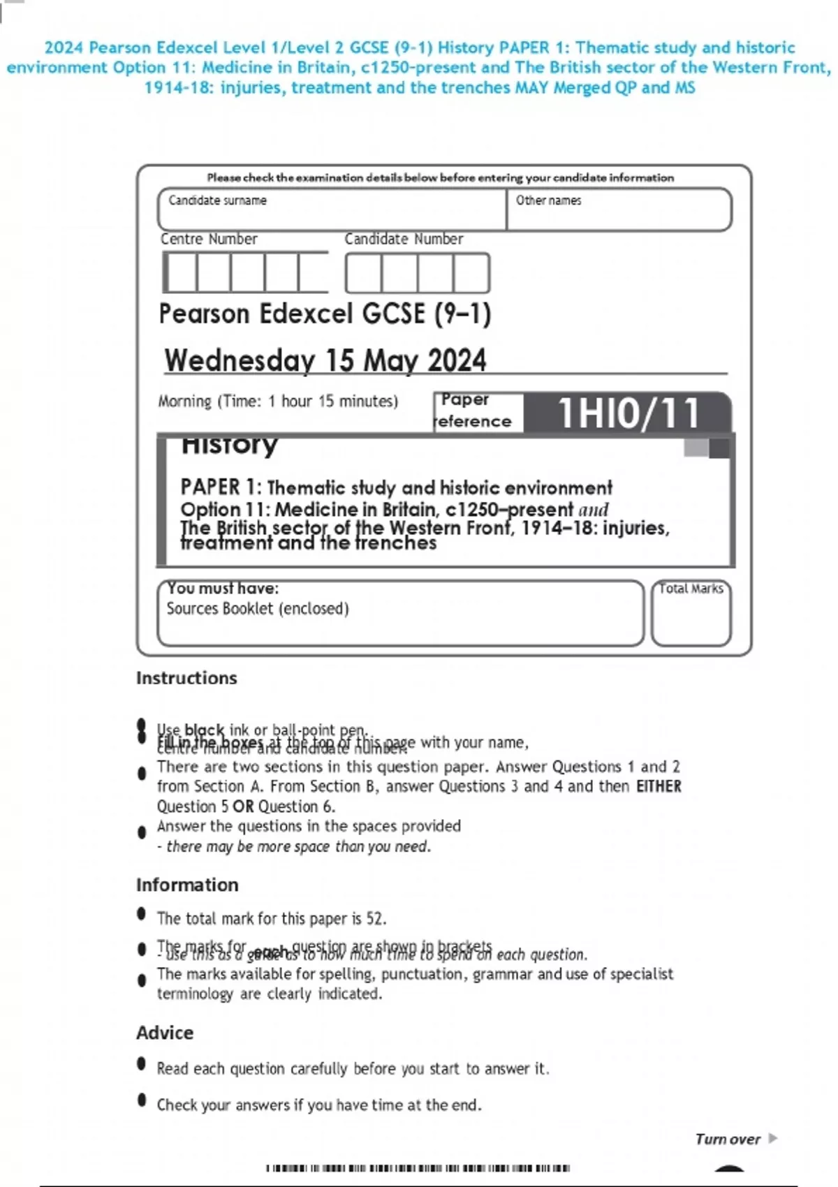 2024 Pearson Edexcel Level 1/Level 2 GCSE (9–1) History PAPER 1 ...