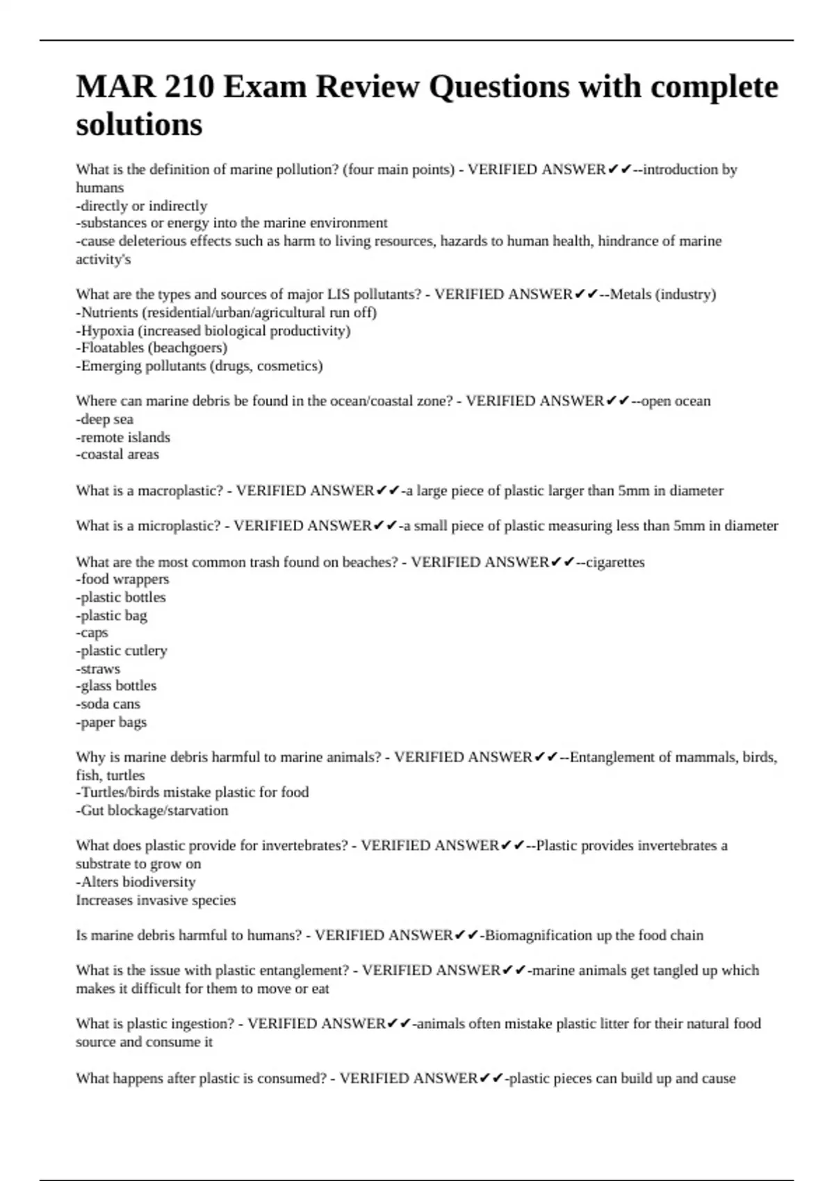 MAR 210 Exam Review Questions with complete solutions - MARINE SCIENCE ...