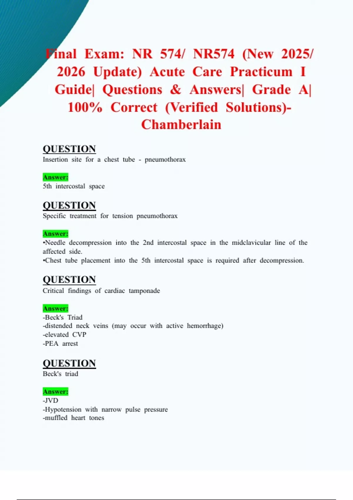 Final Exam: NR 574/ NR574 (New 2025/ 2026 Update) Acute Care Practicum ...