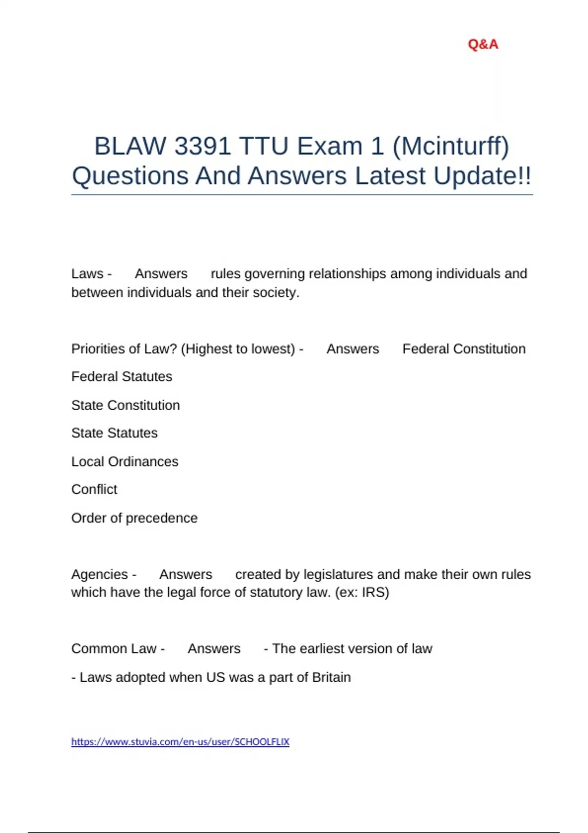 BLAW 3391 TTU Exam 1 (Mcinturff) Questions And Answers Latest Update ...