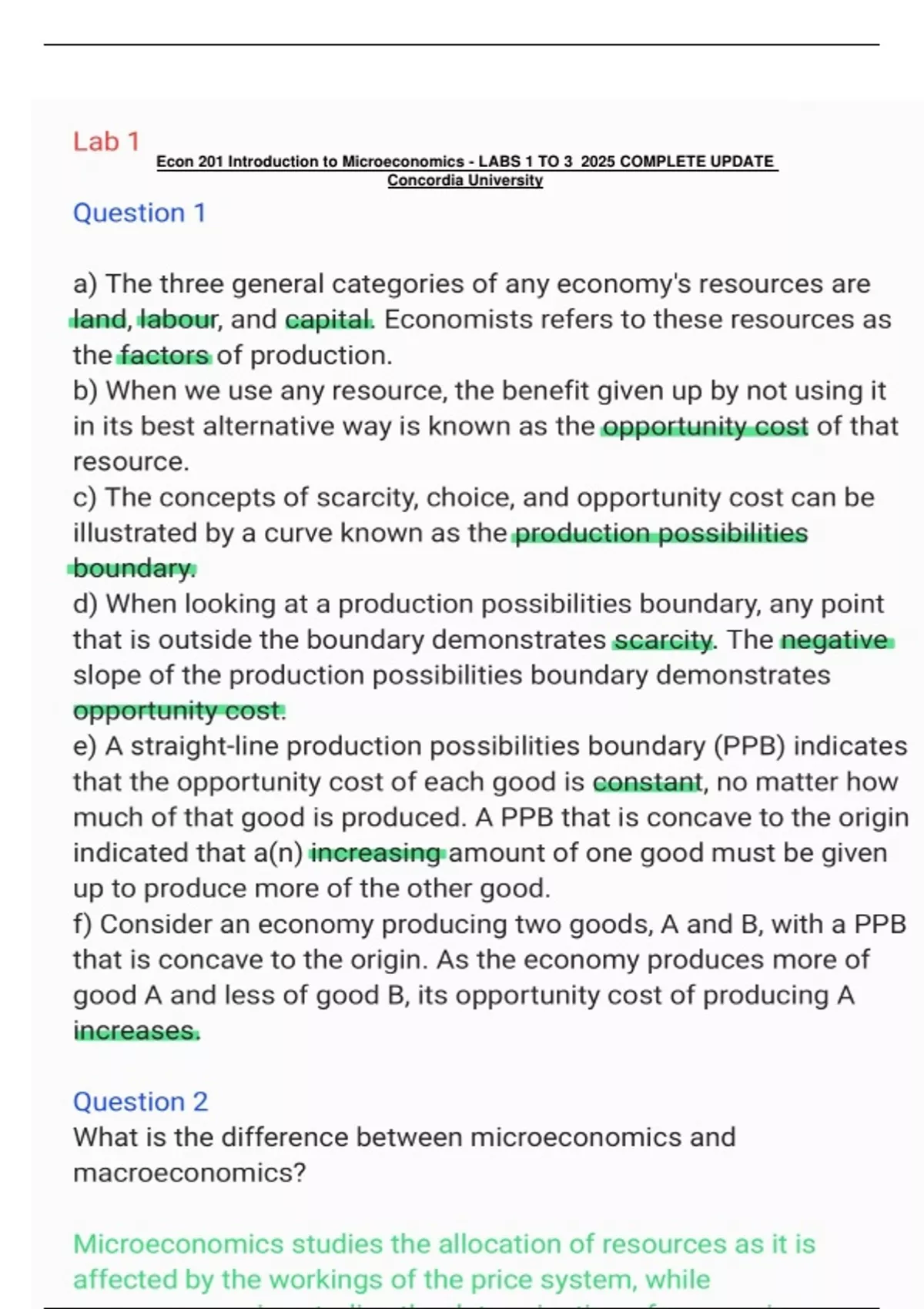ECON 201 Introduction to Microeconomics - LABS 1 TO 3 2025 COMPLETE ...
