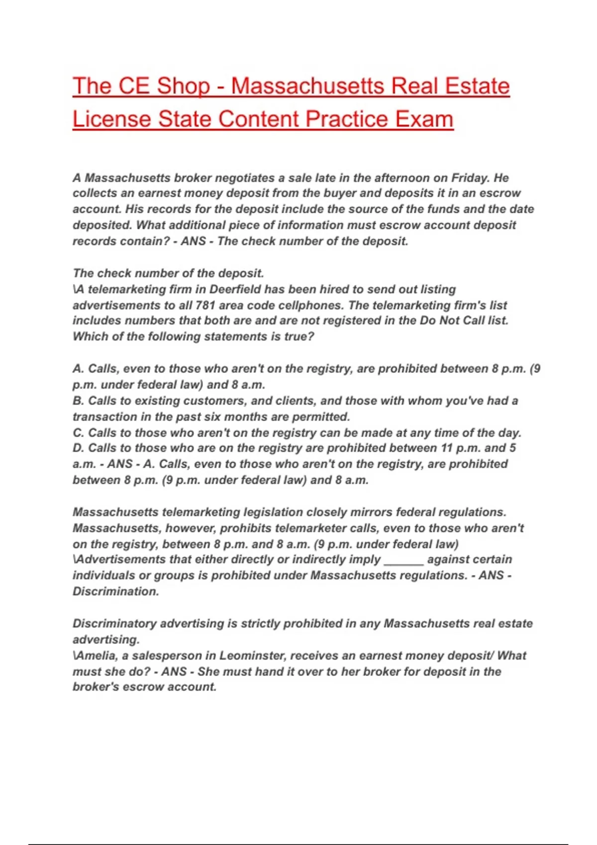 The CE Shop - Massachusetts Real Estate License State Content Practice Exam 2025/2026 Questions ...