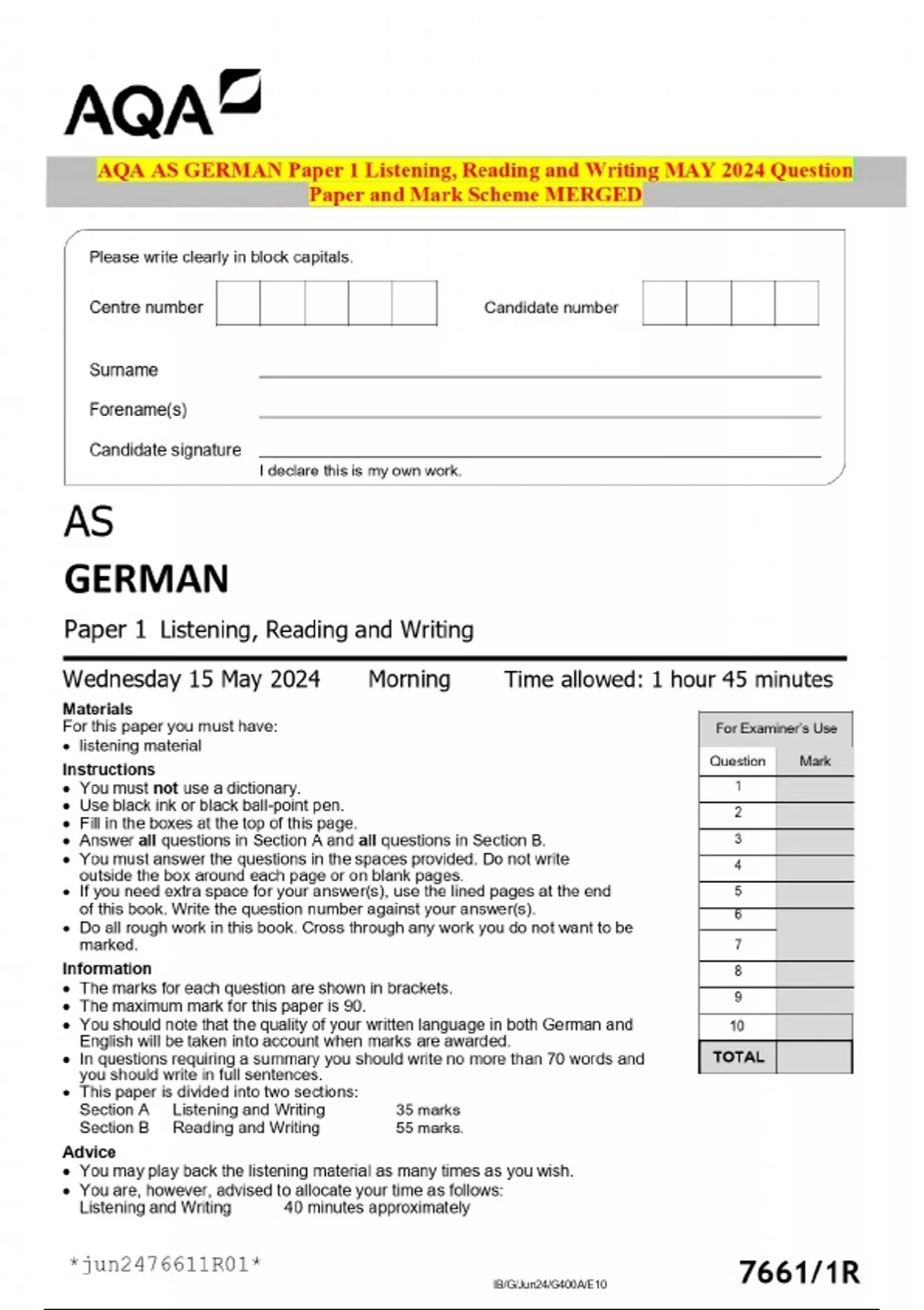 AQA AS GERMAN Paper 1 Listening, Reading and Writing MAY 2024 Question ...