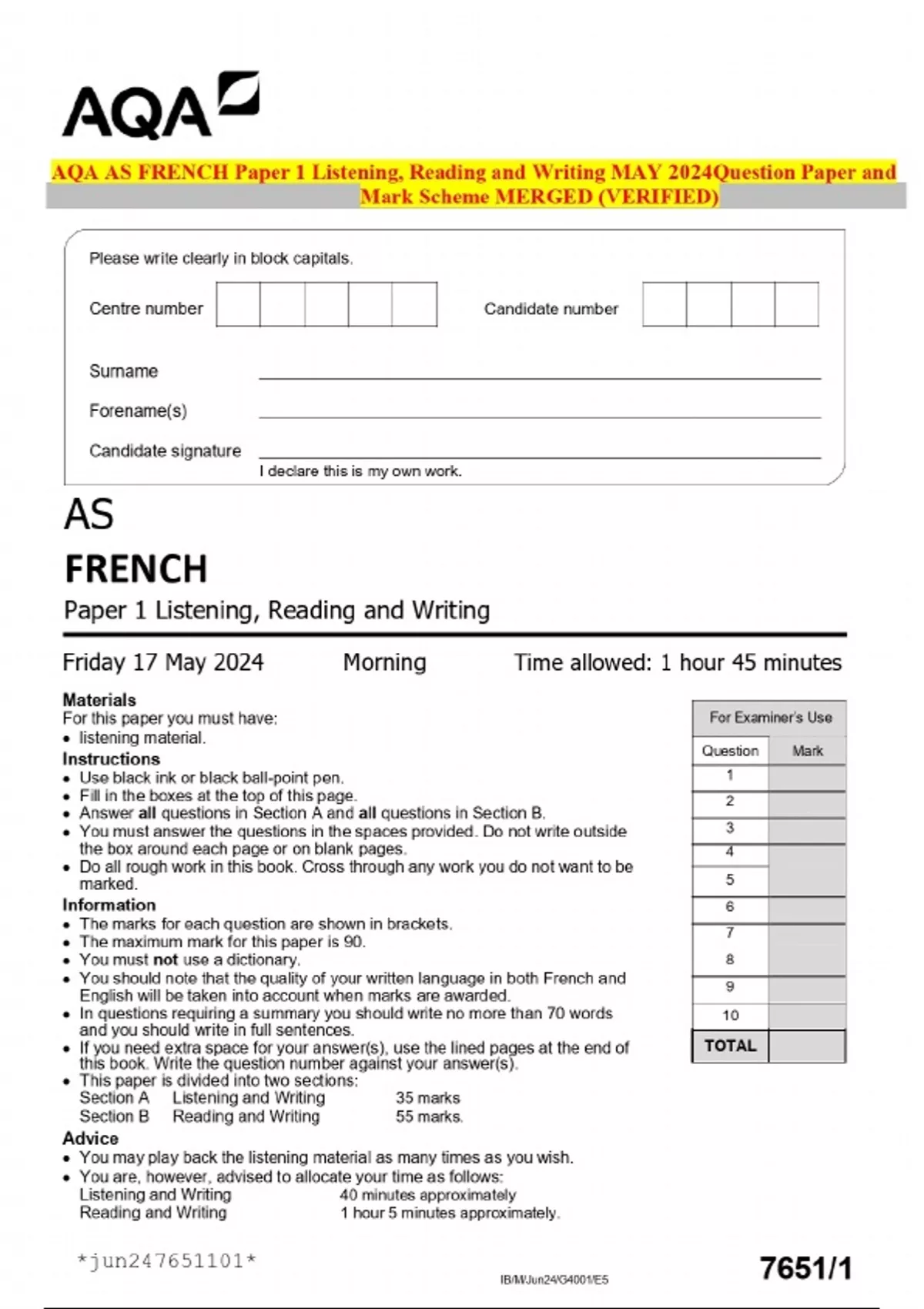 AQA AS FRENCH Paper 1 Listening, Reading and Writing MAY 2024Question ...