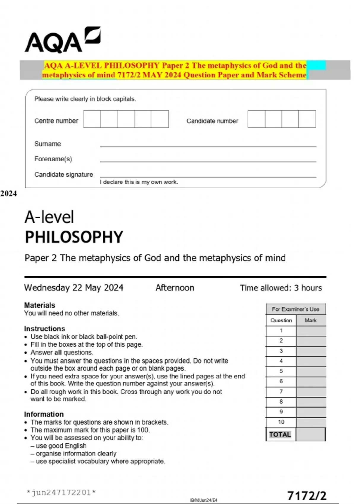 AQA A-LEVEL PHILOSOPHY Paper 2 The metaphysics of God and the ...