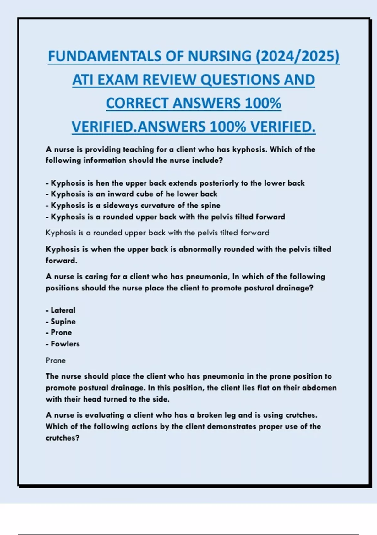 FUNDAMENTALS OF NURSING (2024/2025) ATI EXAM REVIEW QUESTIONS AND ...