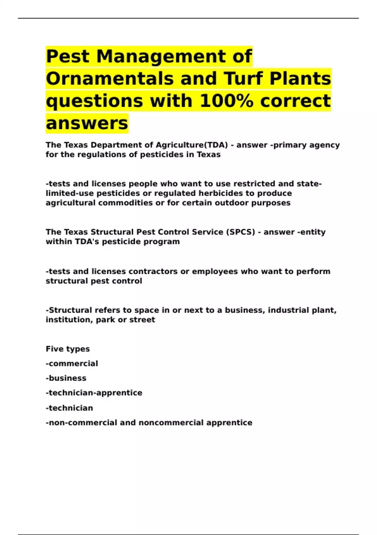 Pest Management of Ornamentals and Turf Plants questions with 100 ...