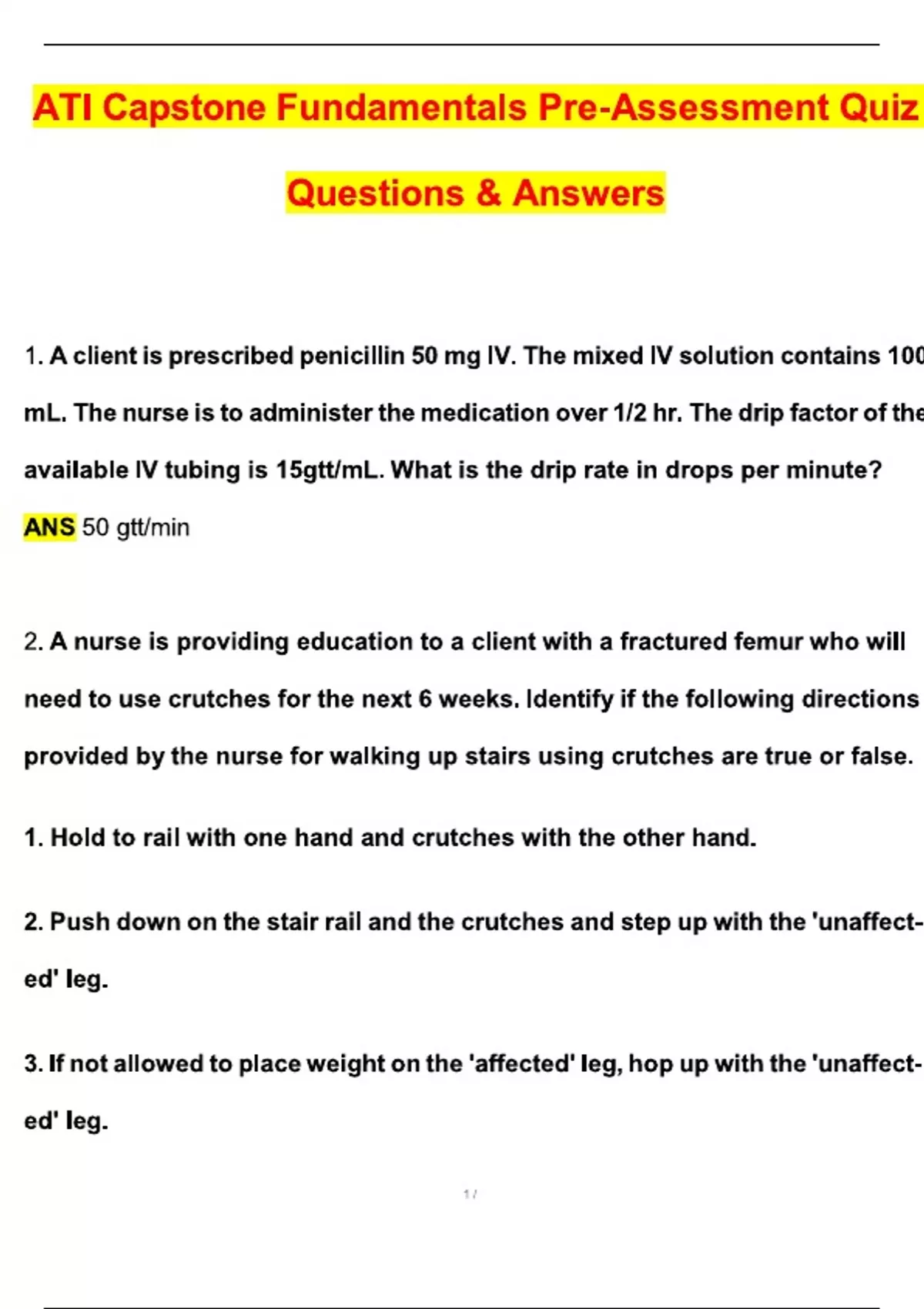 ATI CAPSTONE Fundamentals Pre-Assessment Quiz (2025 / 2026 Update) Questions and Verified ...