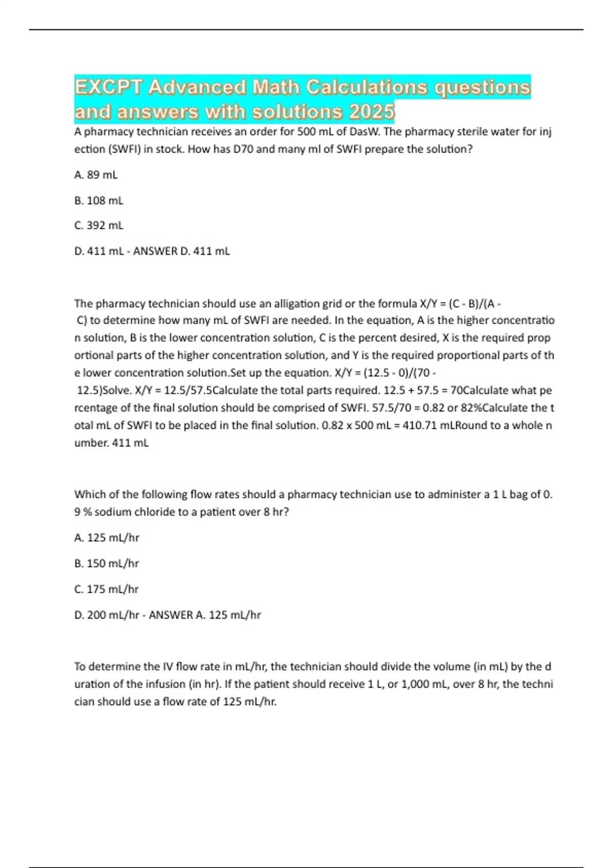 EXCPT Advanced Math Calculations questions and answers with solutions ...