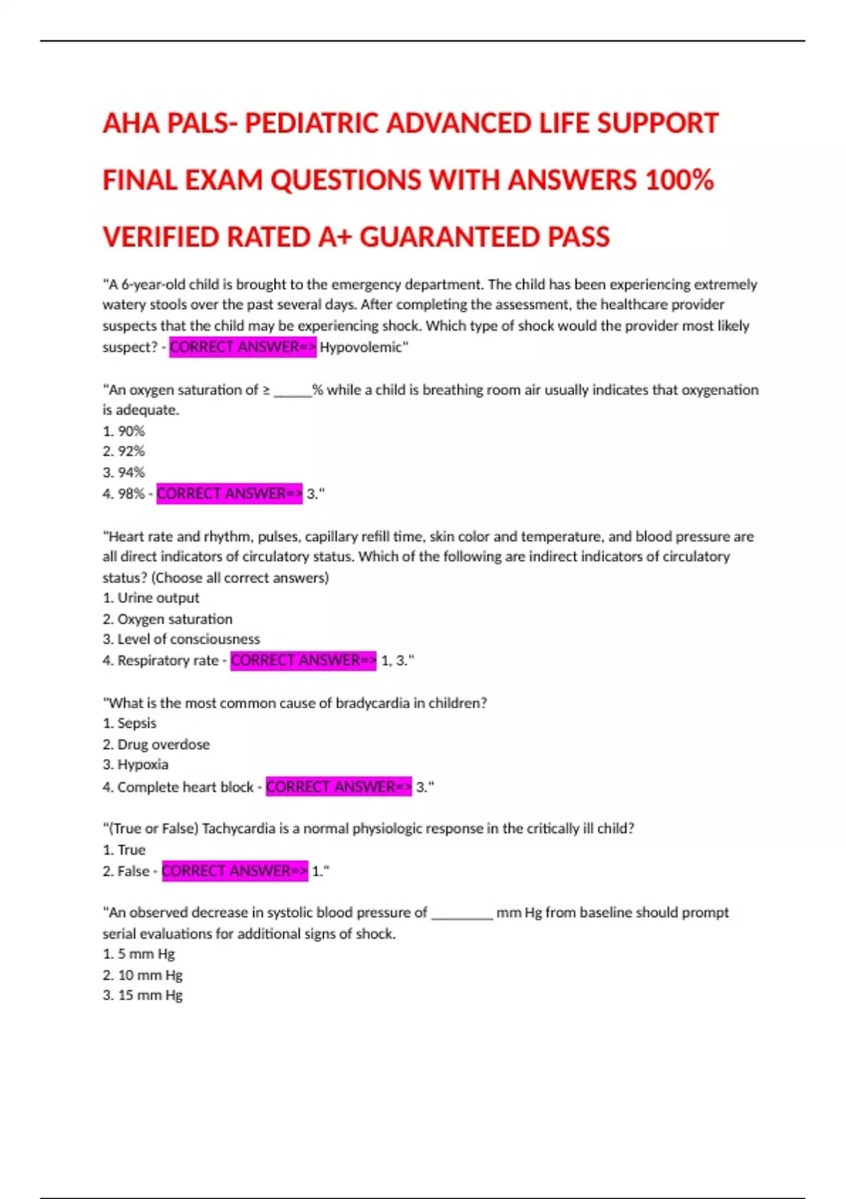 AHA PALS- PEDIATRIC ADVANCED LIFE SUPPORT FINAL EXAM QUESTIONS WITH ...