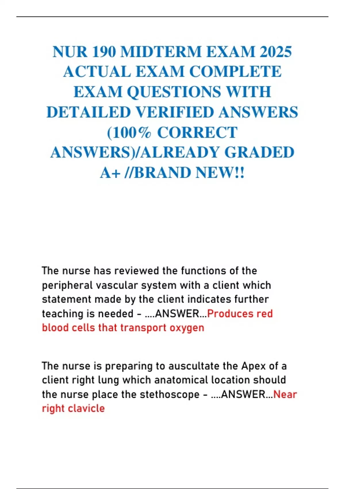 NUR 190 MIDTERM EXAM 2025 ACTUAL EXAM COMPLETE EXAM QUESTIONS WITH ...