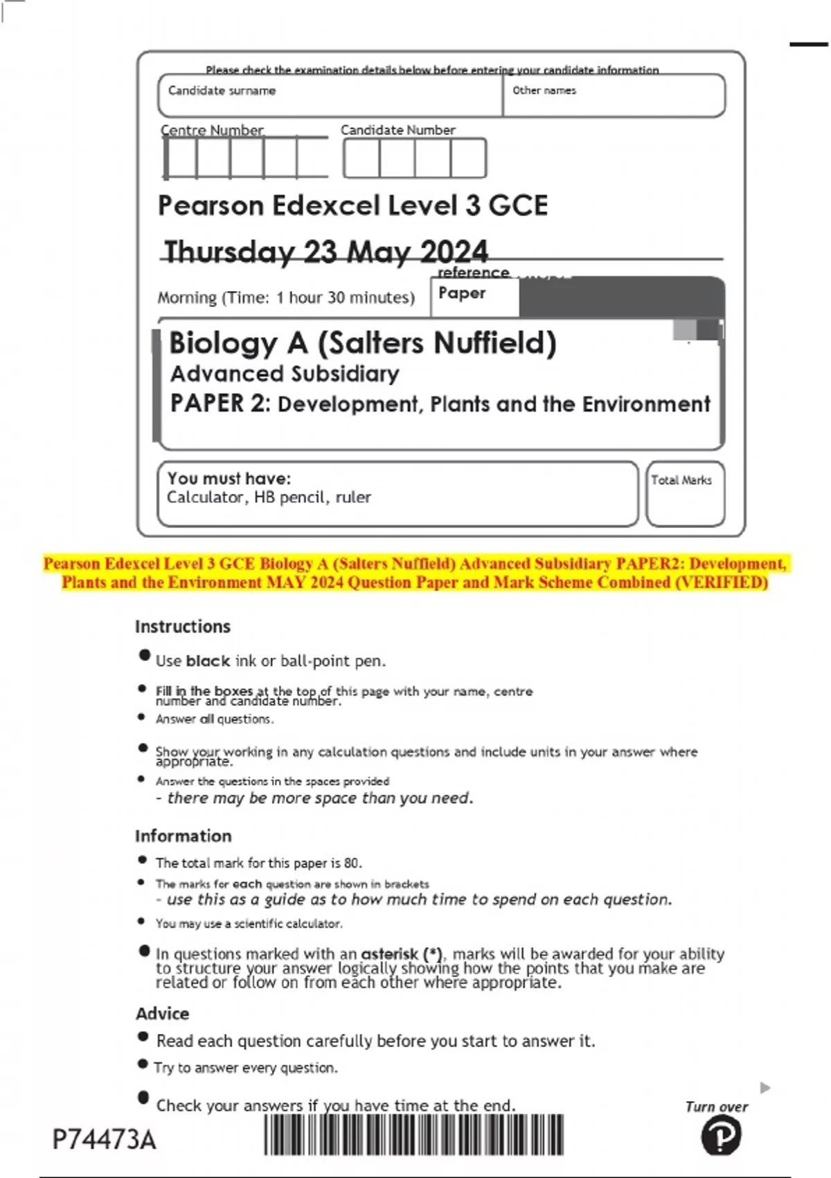 EXAMS BUNDLE::::Pearson Edexcel Level 3 GCE Biology A (Salters Nuffield ...