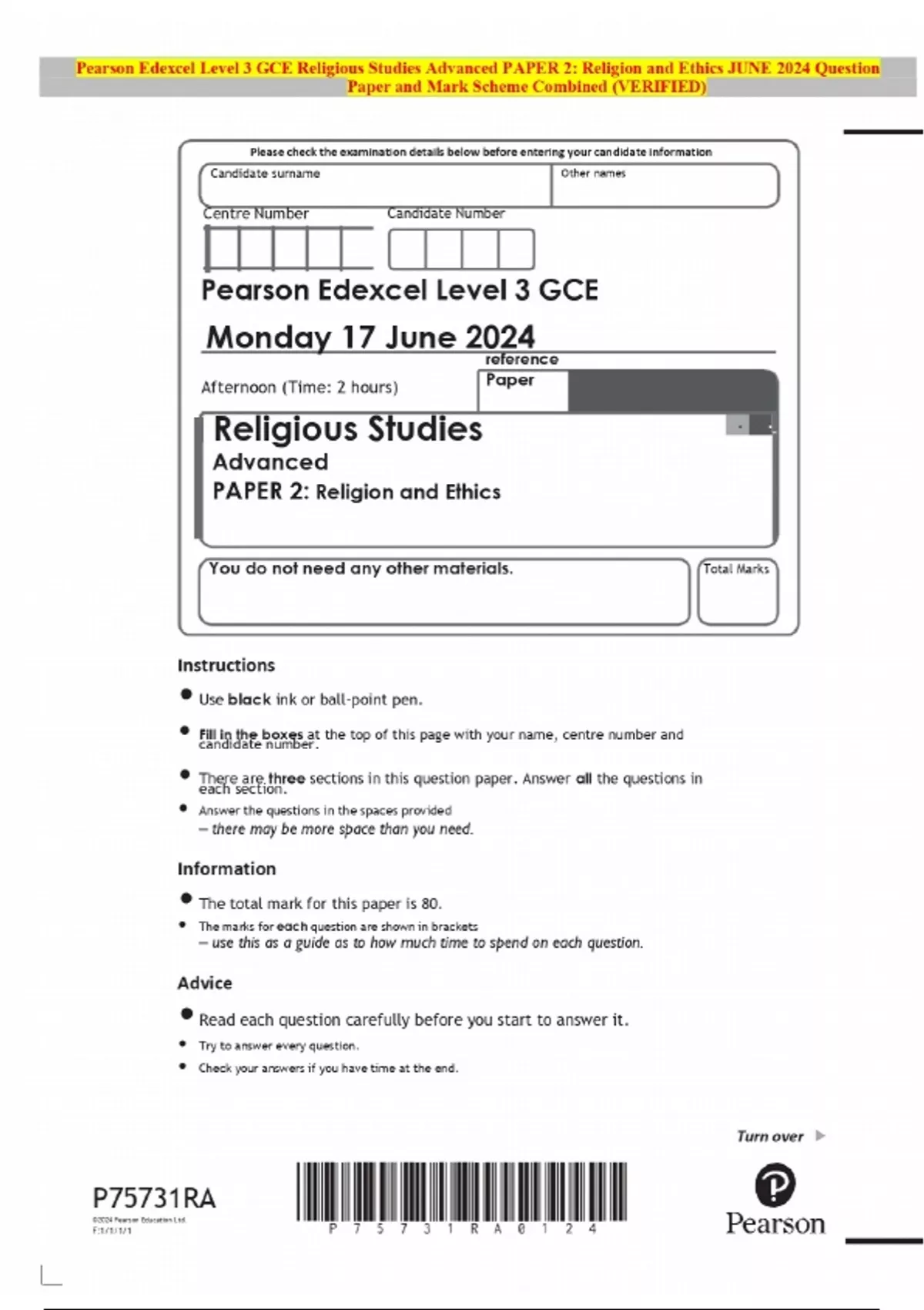 Pearson Edexcel Level 3 GCE Religious Studies Advanced PAPER 2 ...