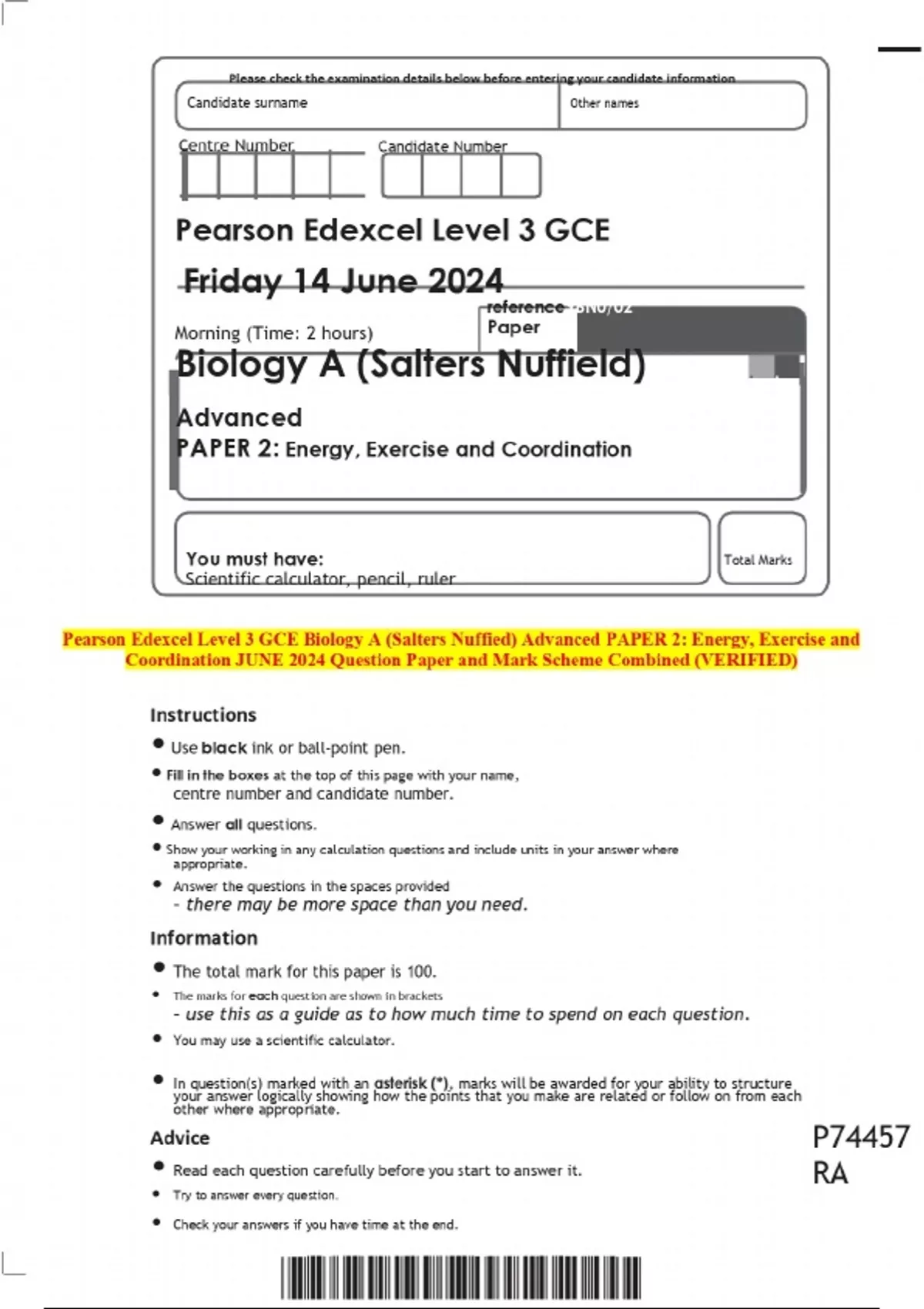 Pearson Edexcel Level 3 GCE Biology A (Salters Nuffied) Advanced PAPER ...