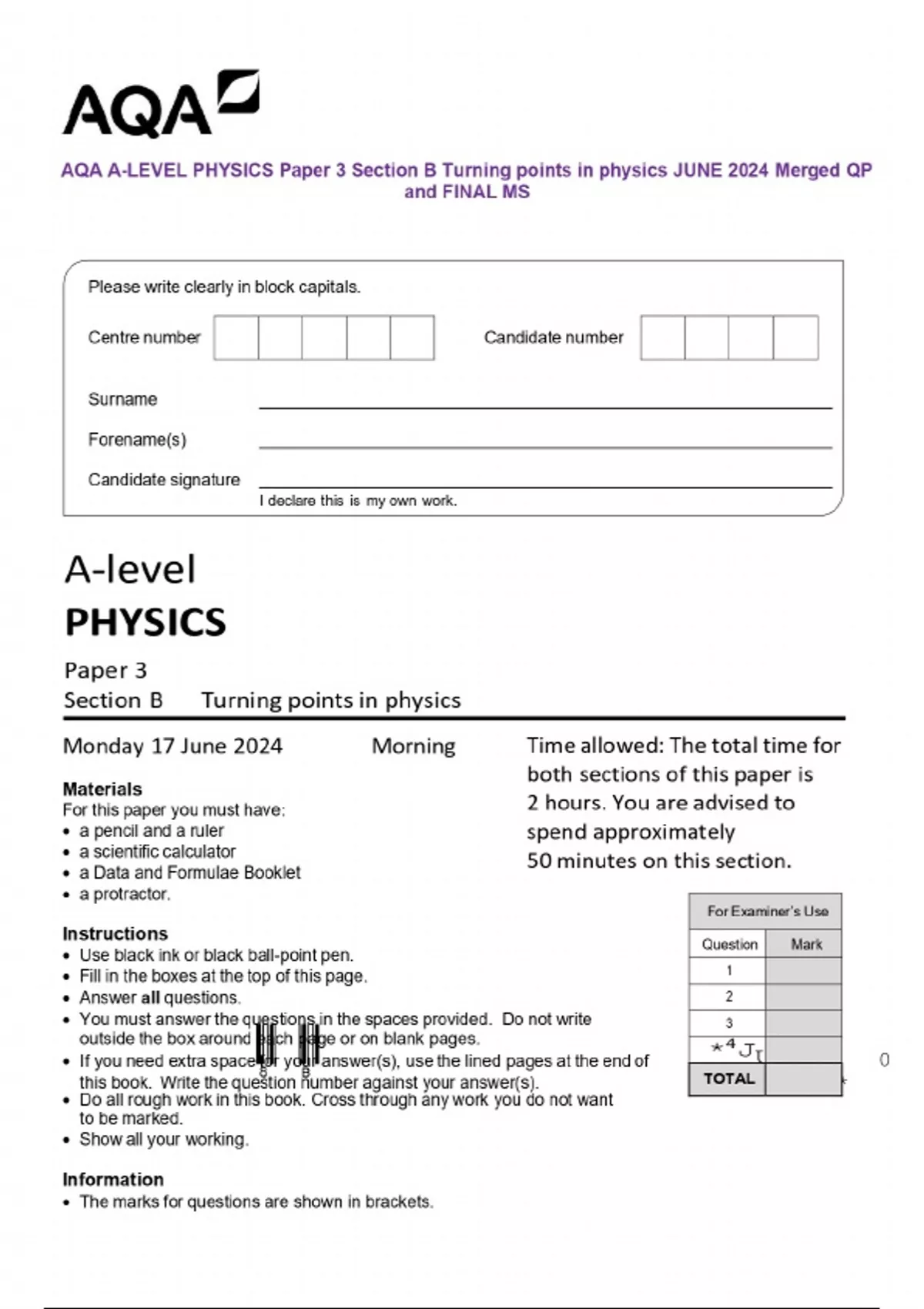 AQA A-LEVEL PHYSICS Paper 3 Section B Turning points in physics JUNE ...