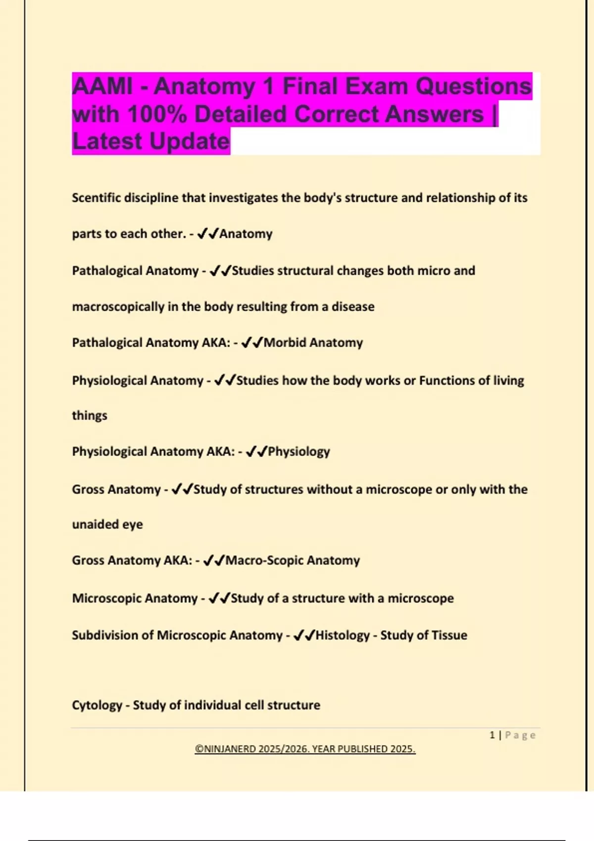 AAMI - Anatomy 1 Final Exam Questions with 100% Detailed Correct ...