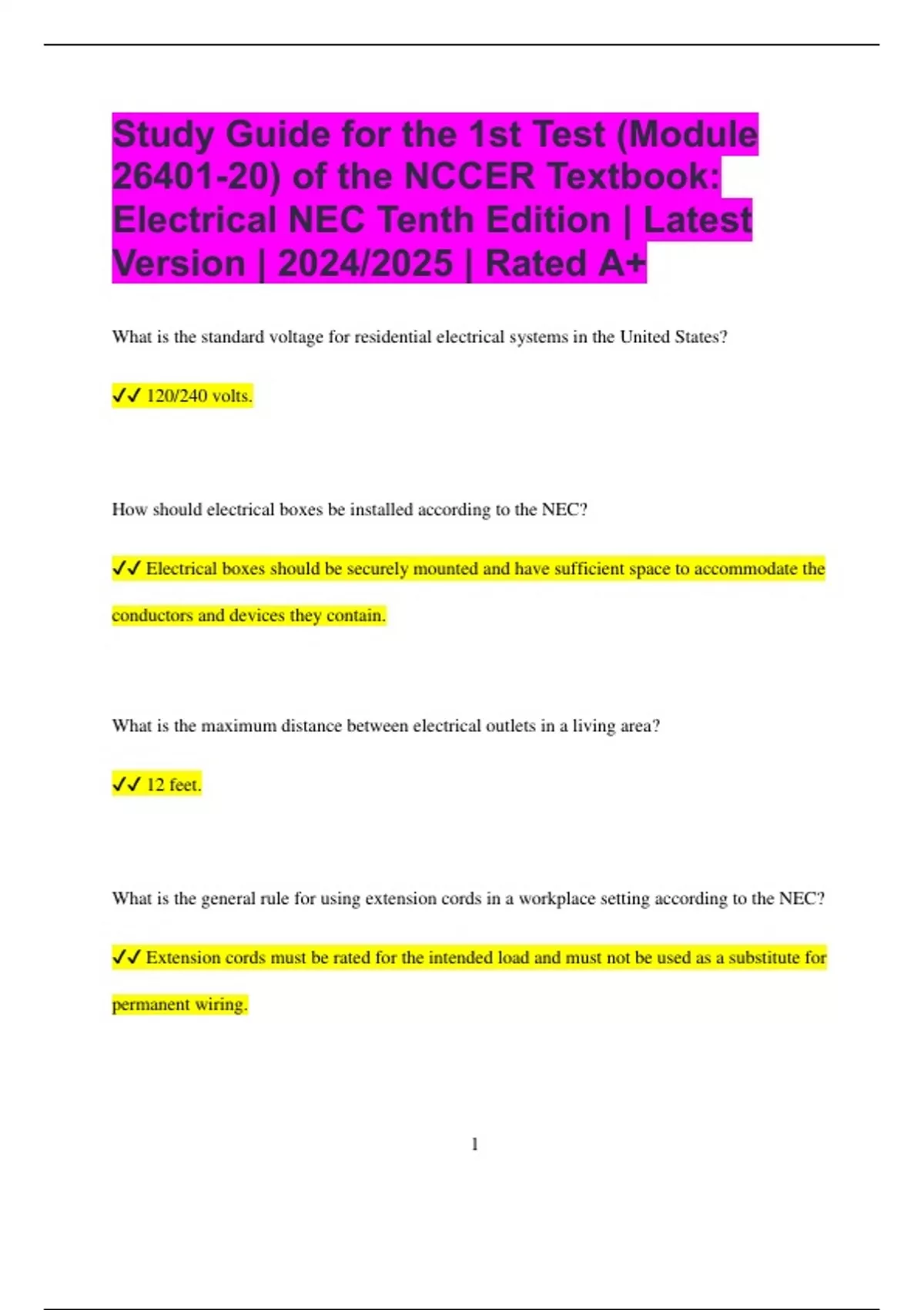Study Guide for the 1st Test (Module 26401-20) of the NCCER Textbook ...