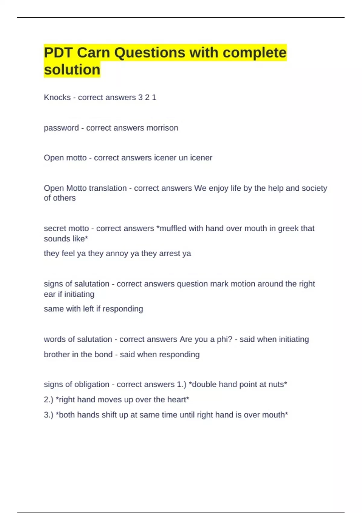 PDT Carn Questions with complete solution - Carn - Stuvia US