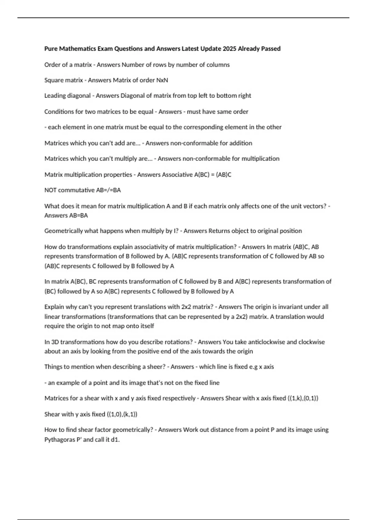 Pure Maths Example Question Pure Mathematics Exam Questions and Answers Latest Update 2025 Already ...