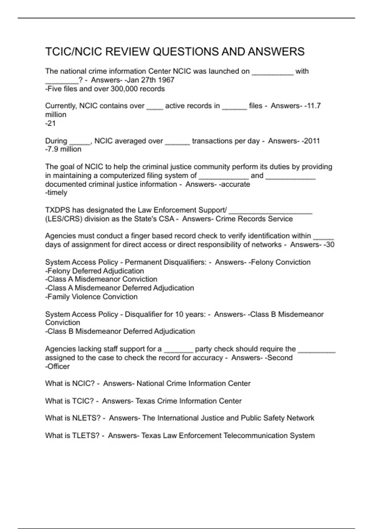 TCIC/NCIC REVIEW QUESTIONS AND ANSWERS - TCIC/NCIC - Stuvia US