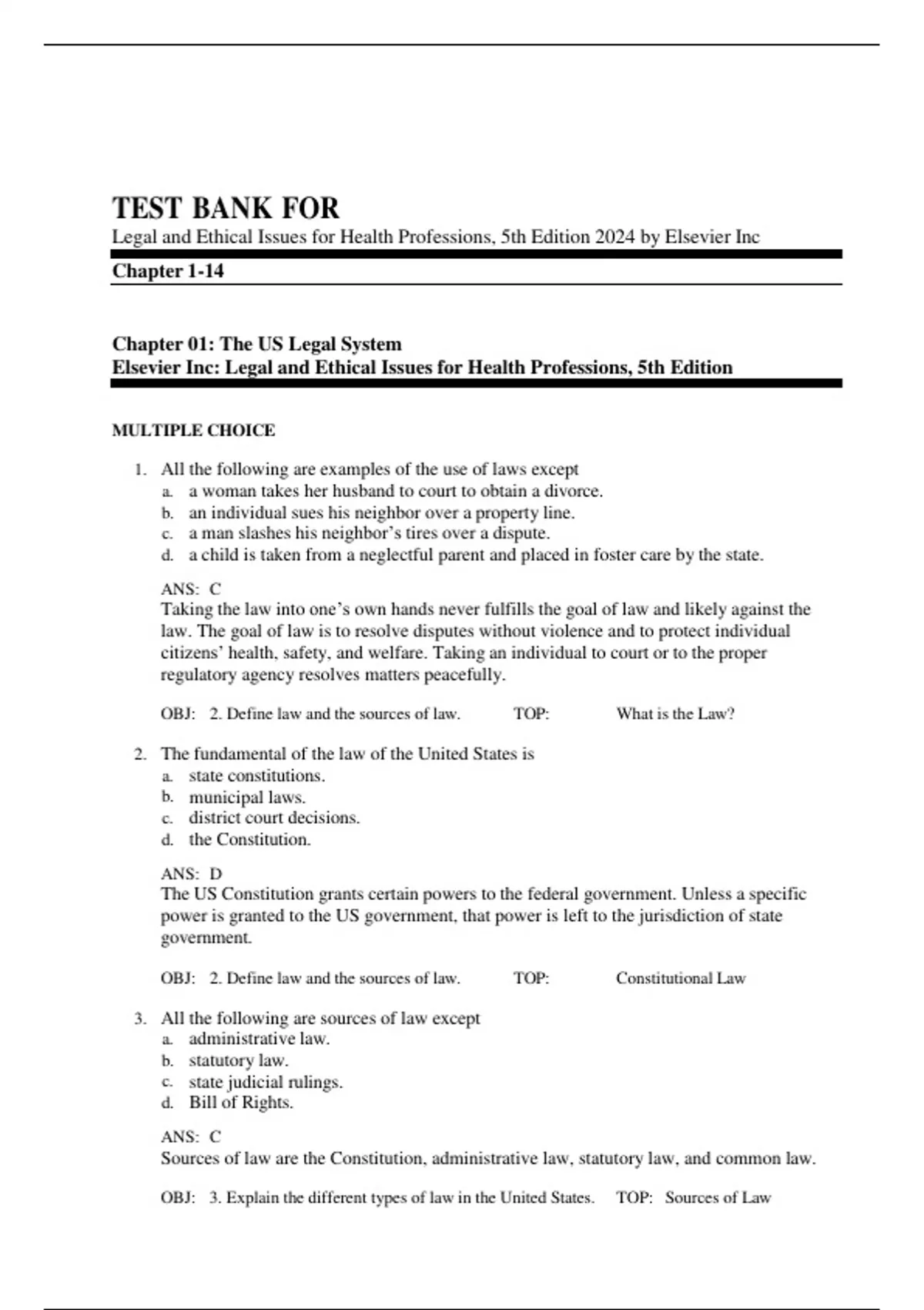 Test Bank For Legal and Ethical Issues for Health Professions 5th ...