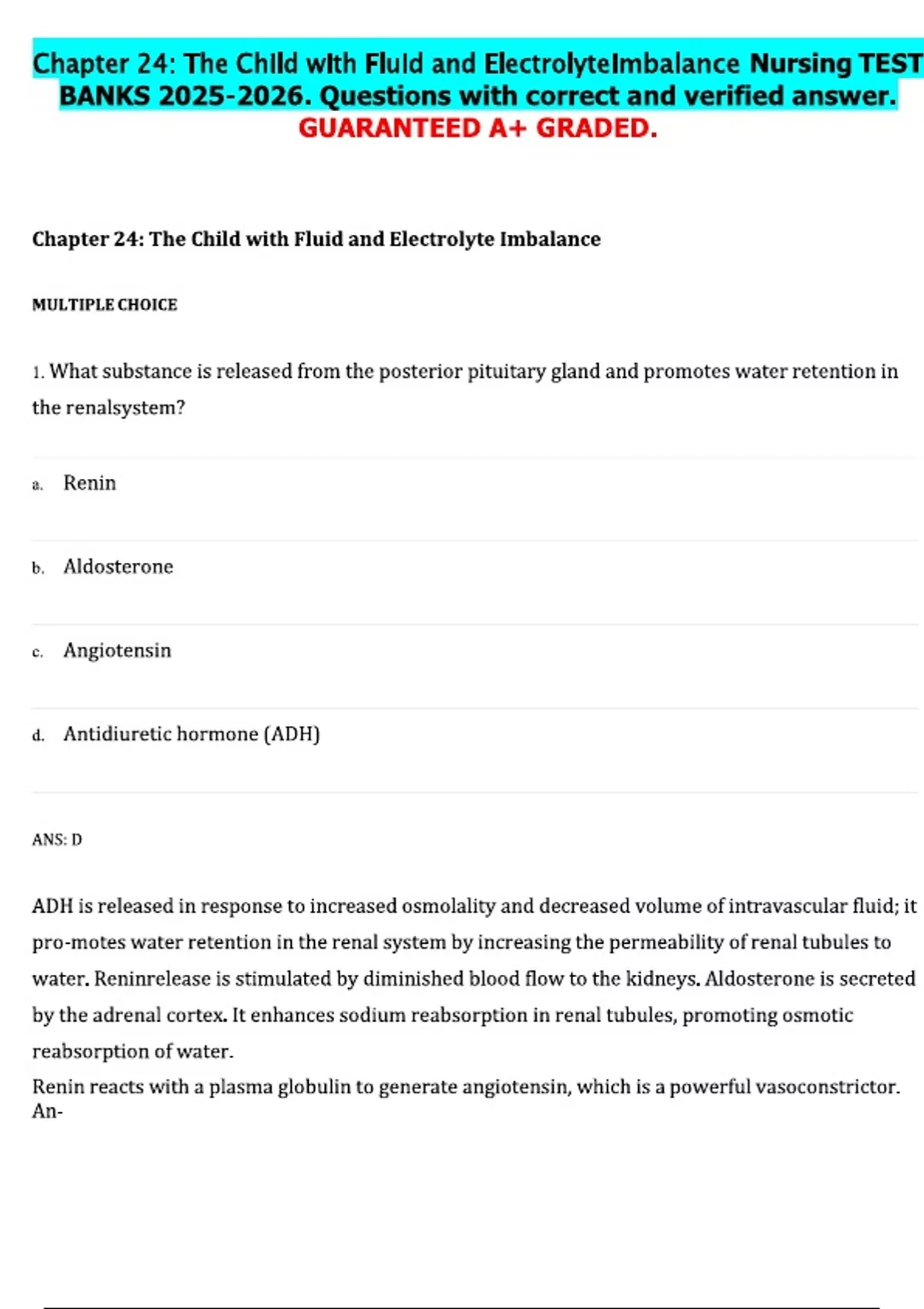 Chapter 24: The Child with Fluid and Electrolyte Imbalance Nursing TEST ...