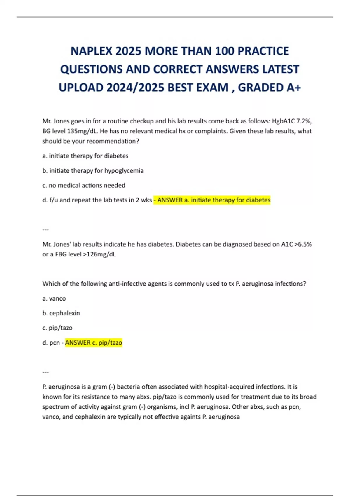 NAPLEX 2025 MORE THAN 100 PRACTICE QUESTIONS AND CORRECT ANSWERS LATEST ...
