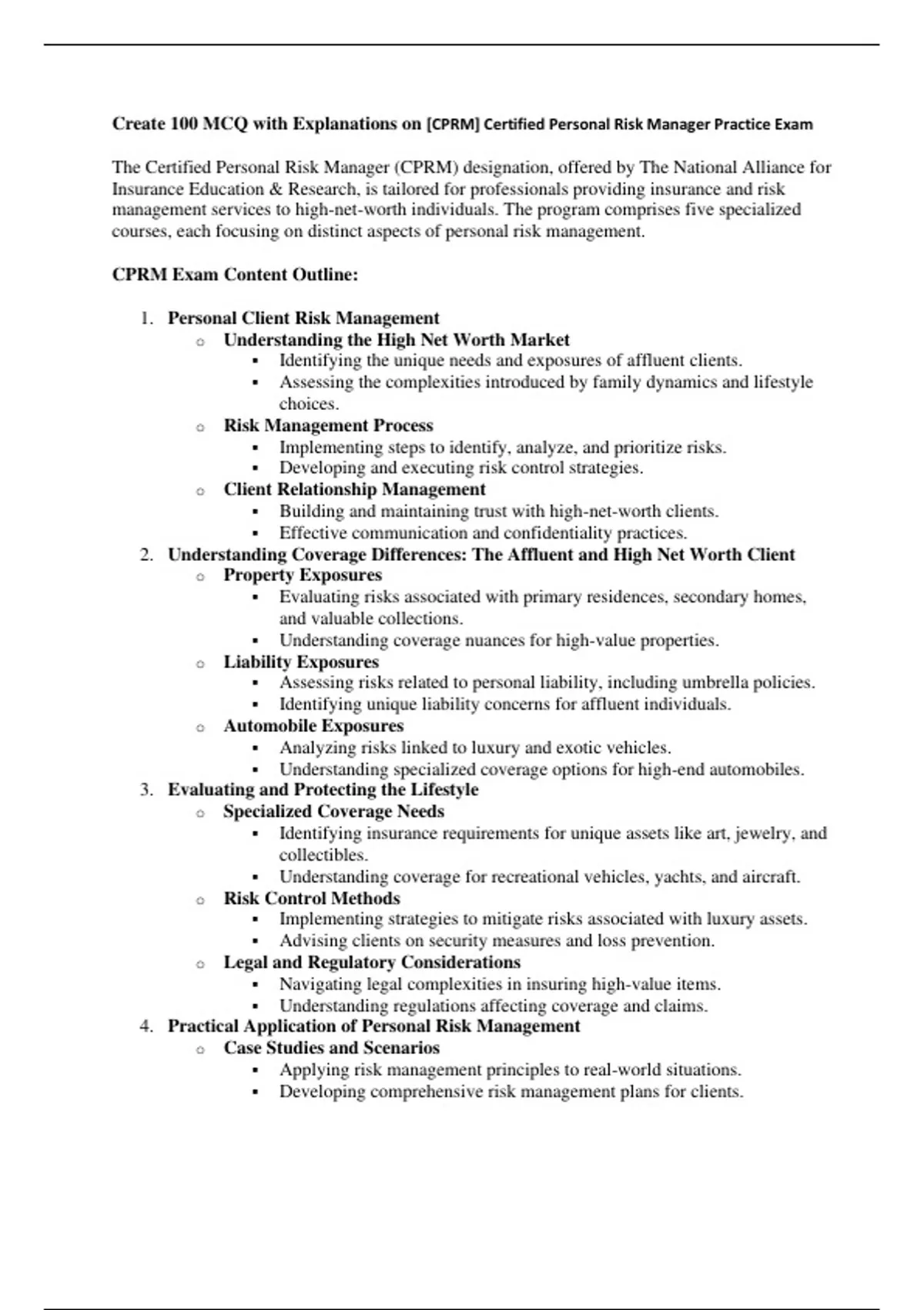 [CPRM] Certified Personal Risk Manager Practice Exam - Computer Tech ...