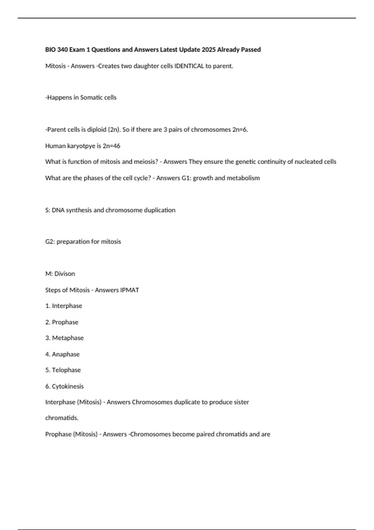 BIO 340 Exam 1 Questions and Answers Latest Update 2025 Already Passed ...