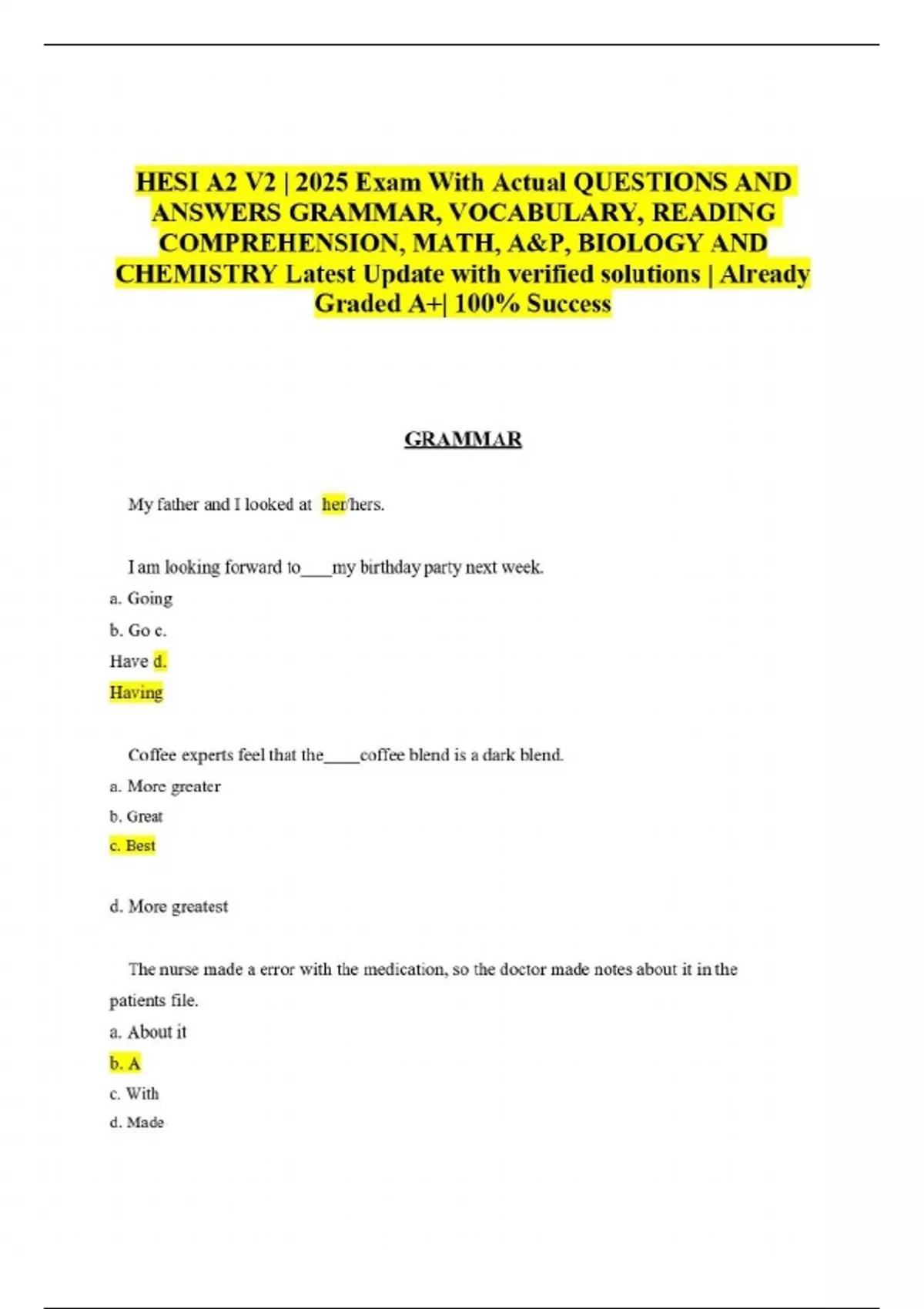 HESI A2 V2 | 2025 Exam With Actual QUESTIONS AND ANSWERS GRAMMAR ...