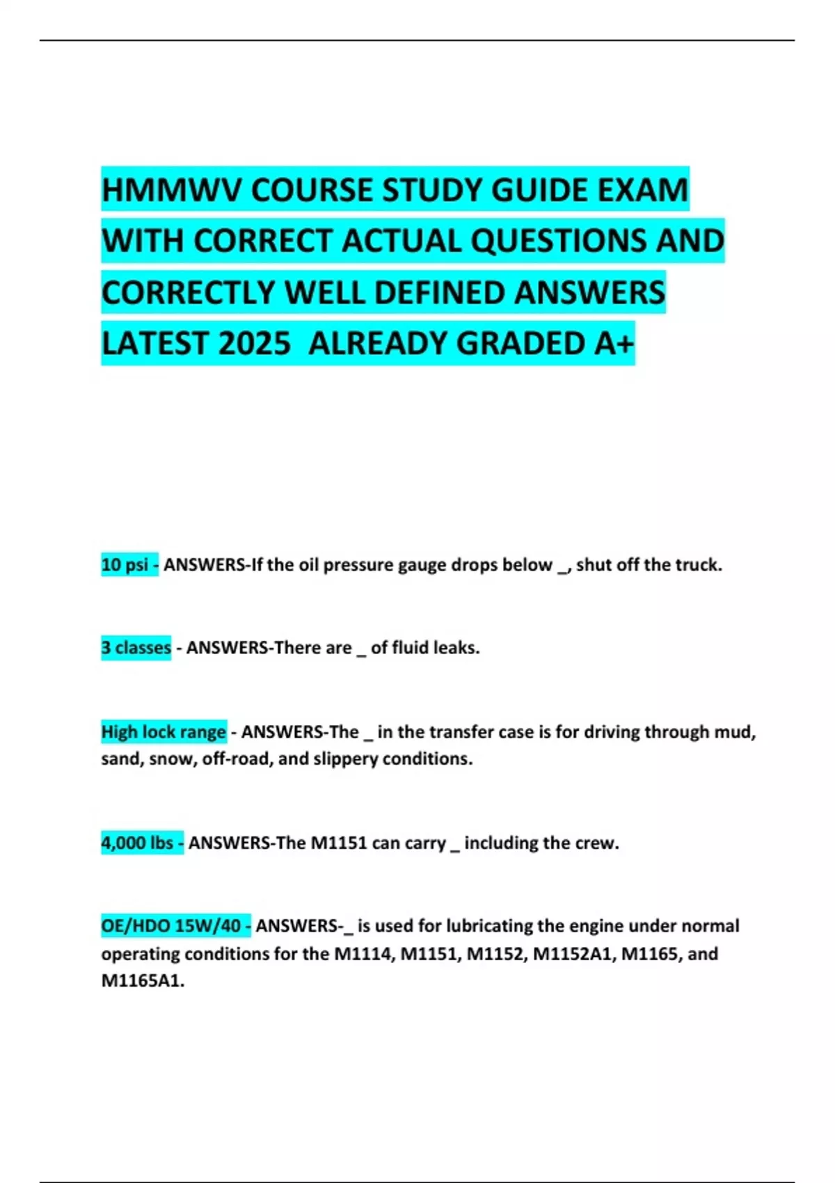 HMMWV COURSE STUDY GUIDE EXAM WITH CORRECT ACTUAL QUESTIONS AND ...