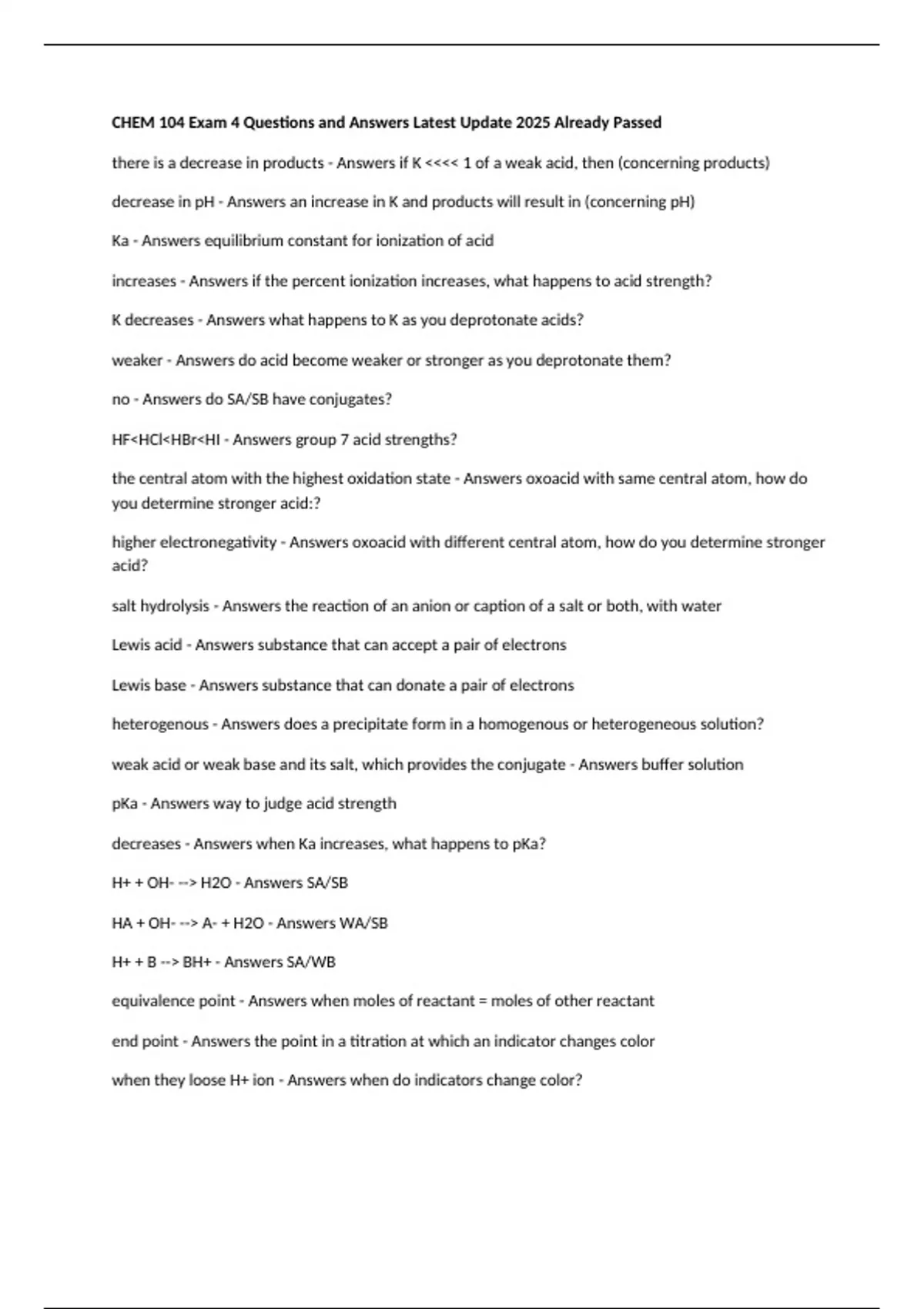 CHEM 104 Exam 4 Questions and Answers Latest Update 2025 Already Passed ...