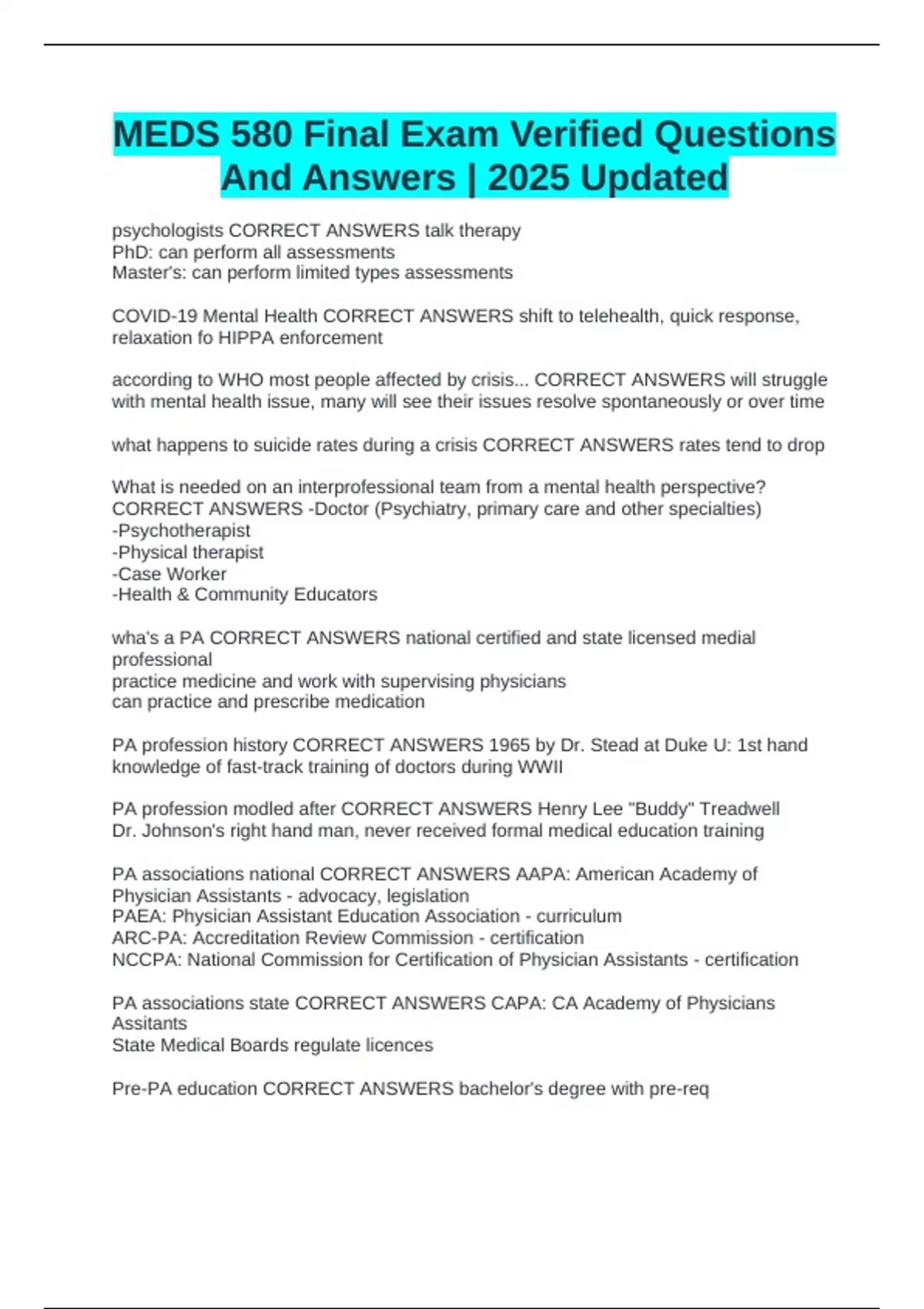 582 Sample Questions MEDS 580 Final Exam Verified Questions And Answers | 2025 Updated ...