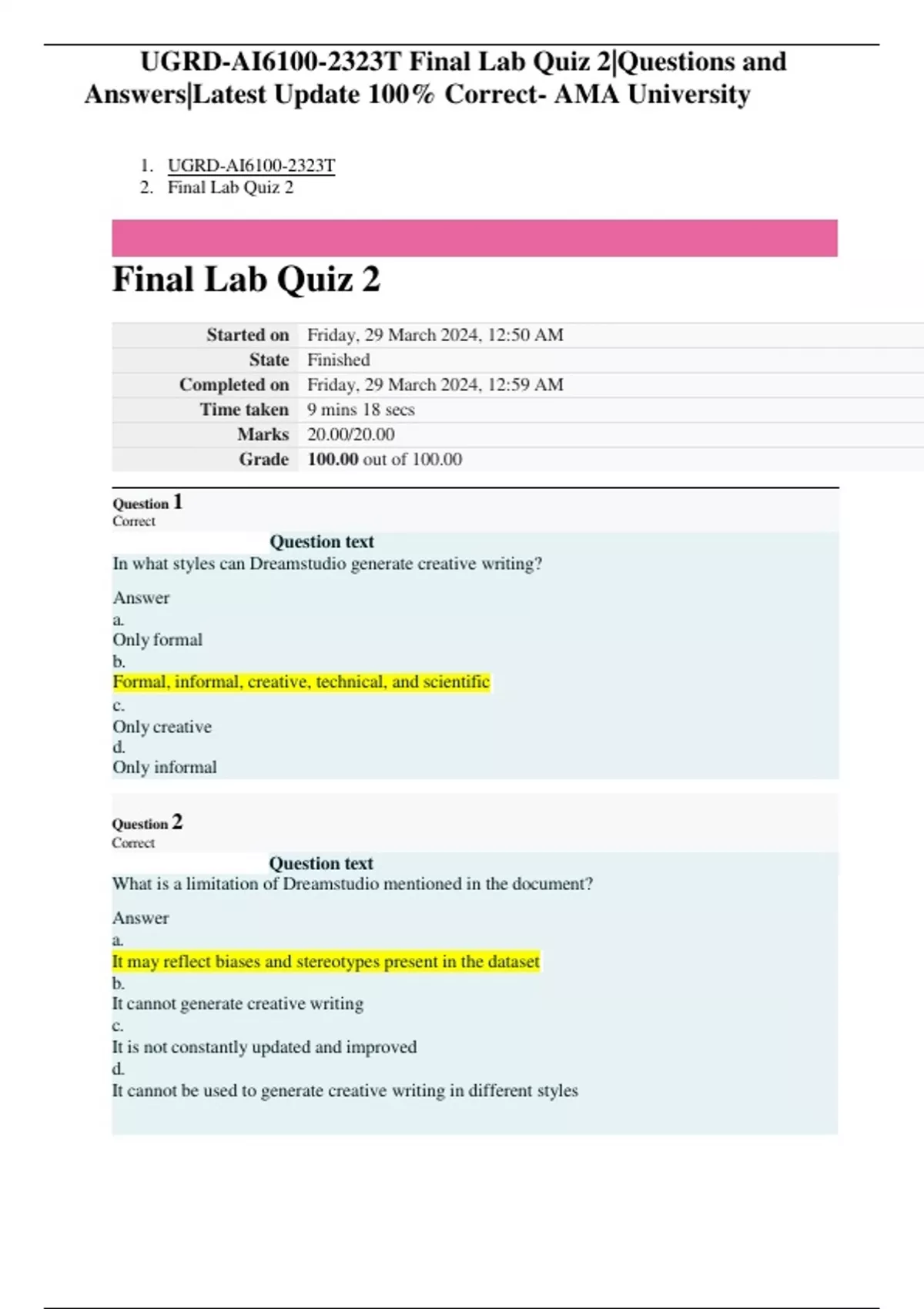 UGRD-AI6100 AI - Prompt Engineering Bundled Quizzes with complete ...