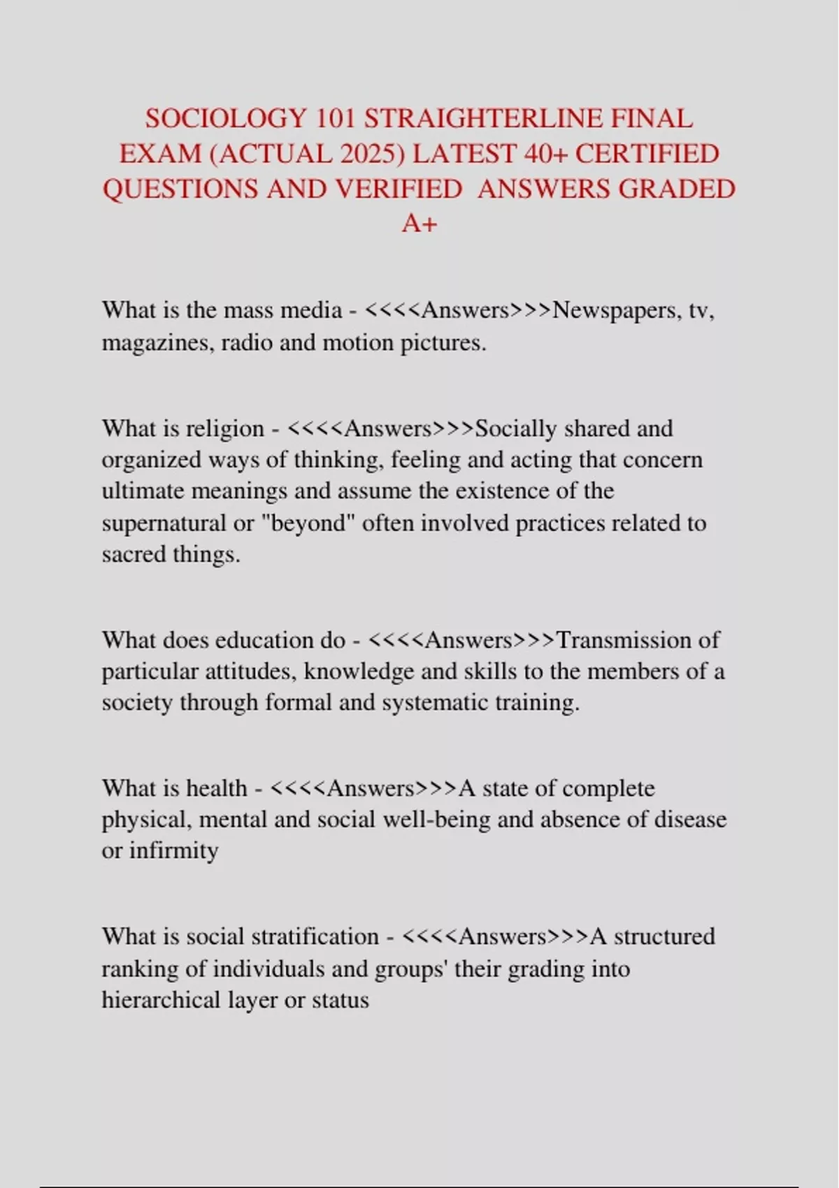 SOCIOLOGY 101 STRAIGHTERLINE FINAL EXAM (ACTUAL 2025) LATEST 40 ...