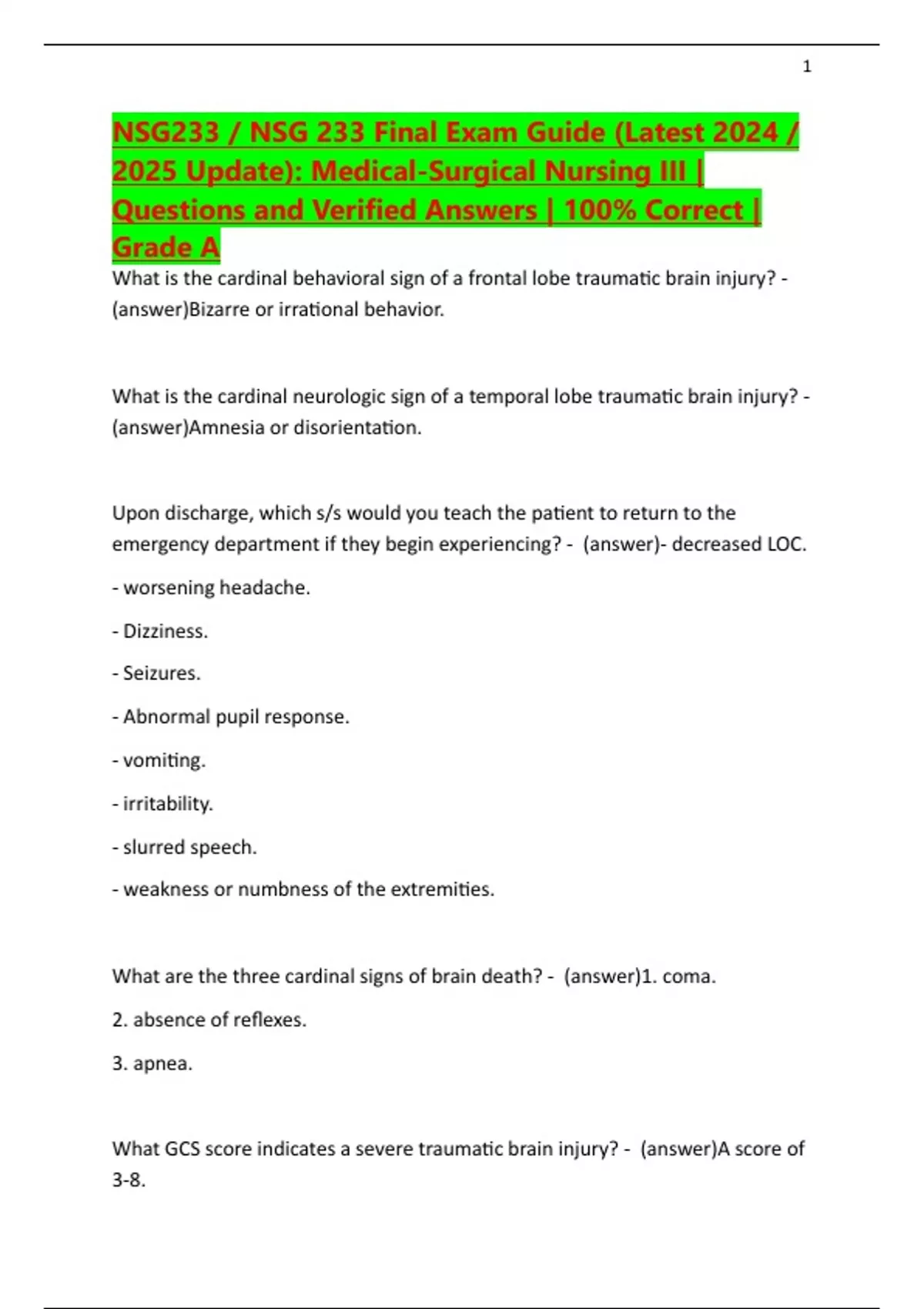 NSG233 / NSG 233 Final Exam Guide (Latest 2024 / 2025 Update): Medical ...