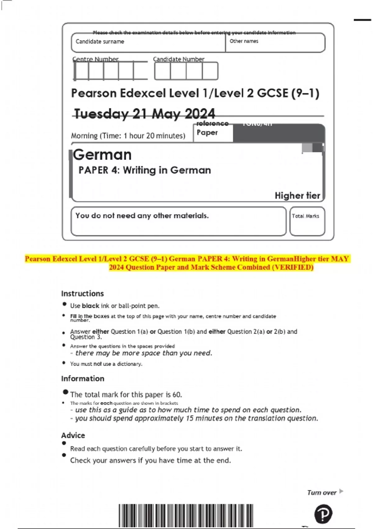 Pearson Edexcel Level 1/Level 2 GCSE (9–1) German PAPER 4: Writing in ...