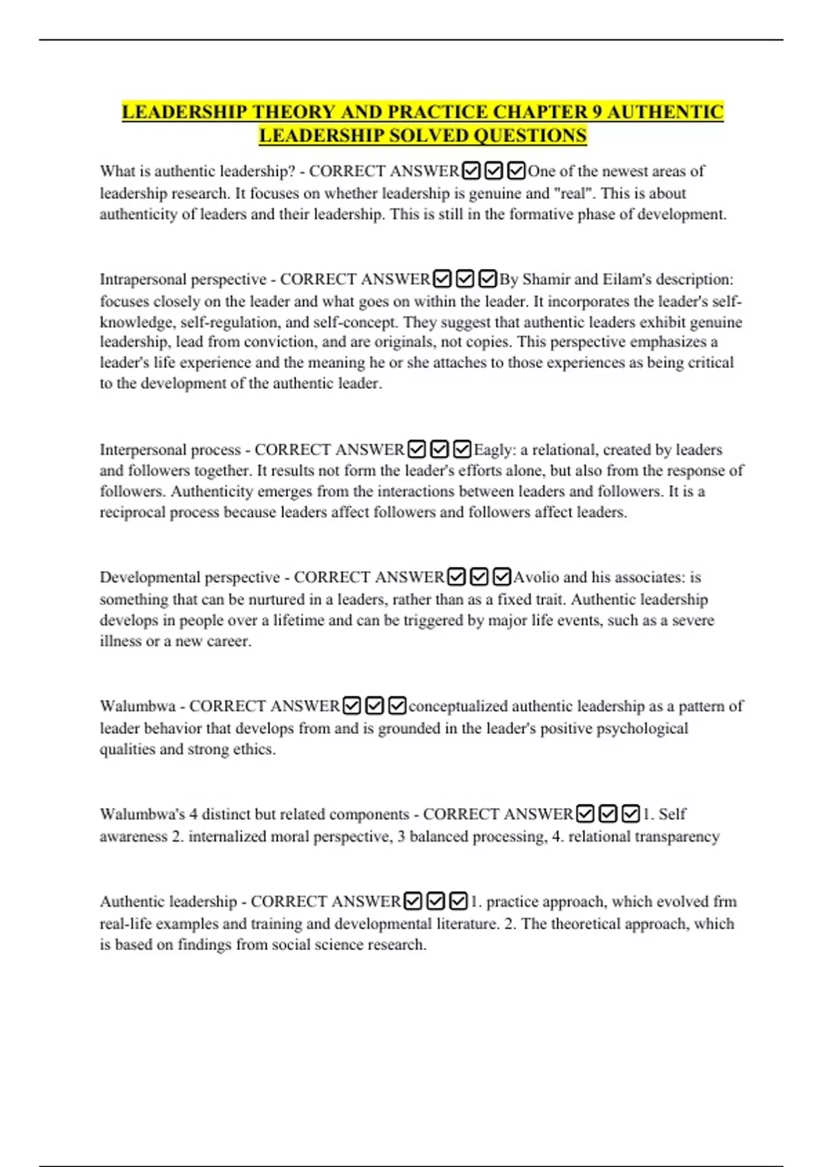 LEADERSHIP THEORY AND PRACTICE CHAPTER 9 AUTHENTIC LEADERSHIP SOLVED ...