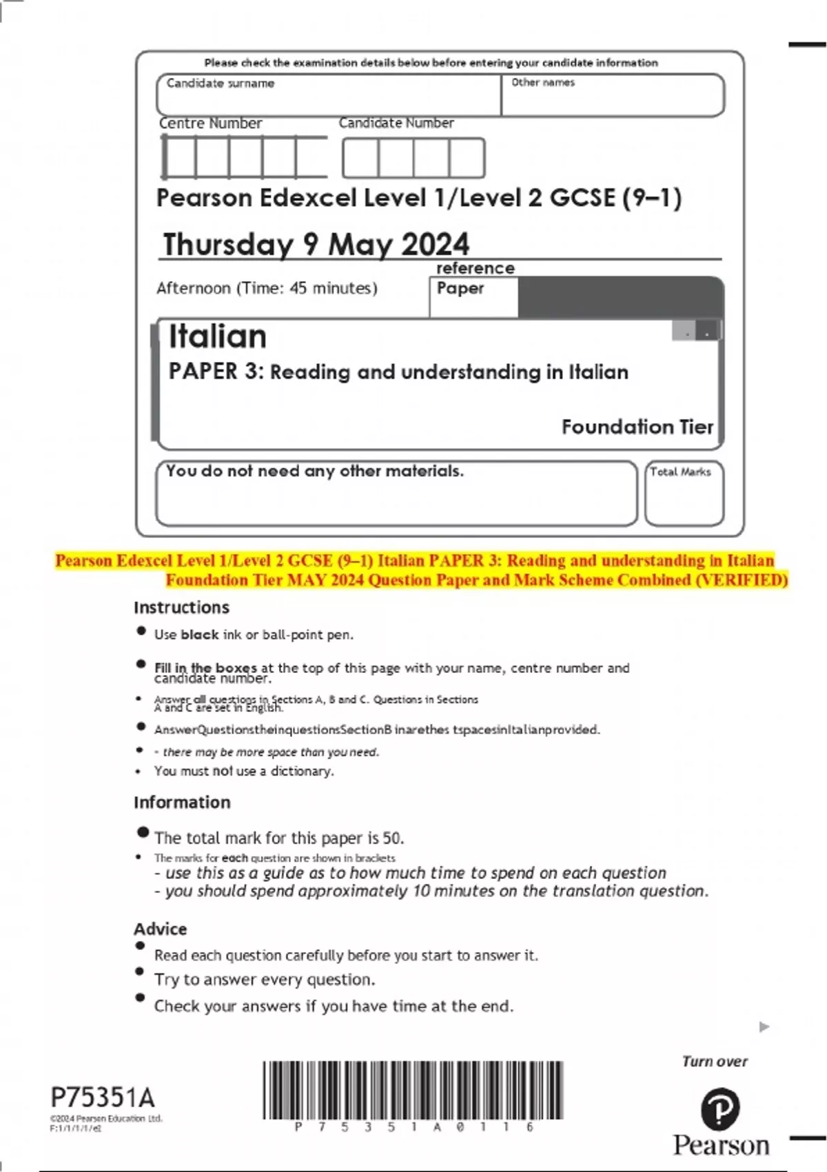 Pearson Edexcel Level 1/Level 2 GCSE (9–1) Italian PAPER 3: Reading and ...